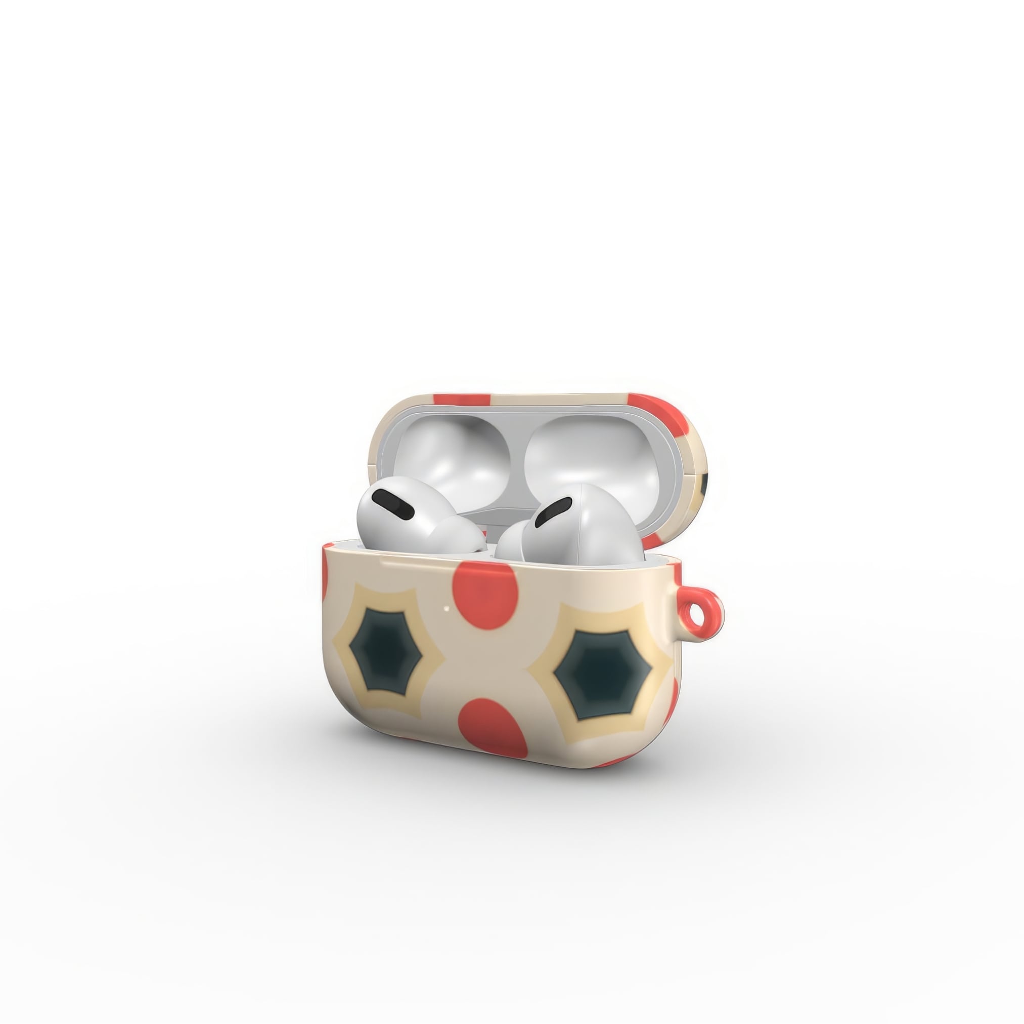 AirPods Pro tough case side open view; clown add 1 pattern, artistic, ornamental kaleidoscope pattern. Red and beige color combination.