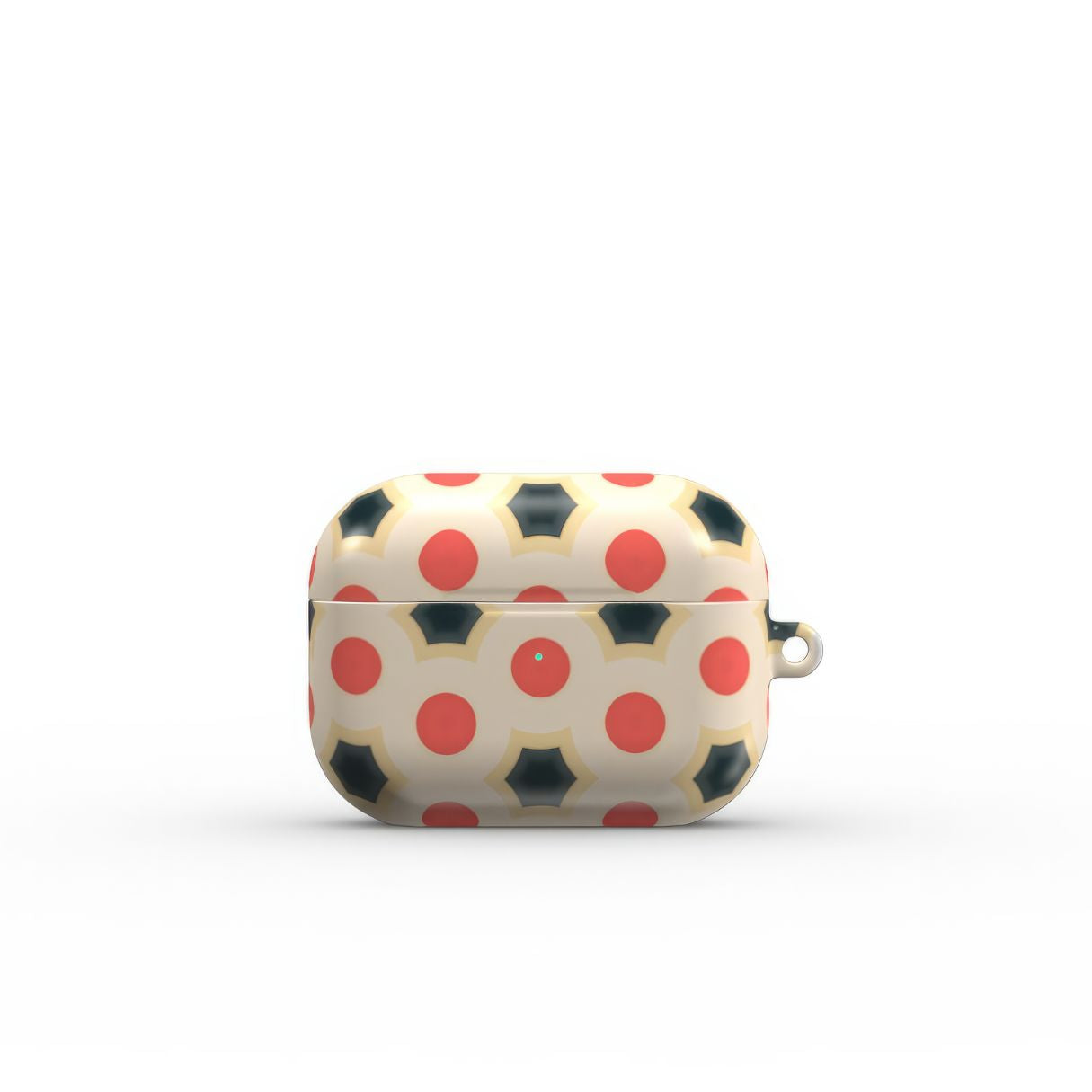 AirPods Pro tough case front view; Clown Add pattern, artistic, ornamental kaleidoscope pattern. Red and beige color combination. Bold expressive aesthetic design. Colorful and interior fit.