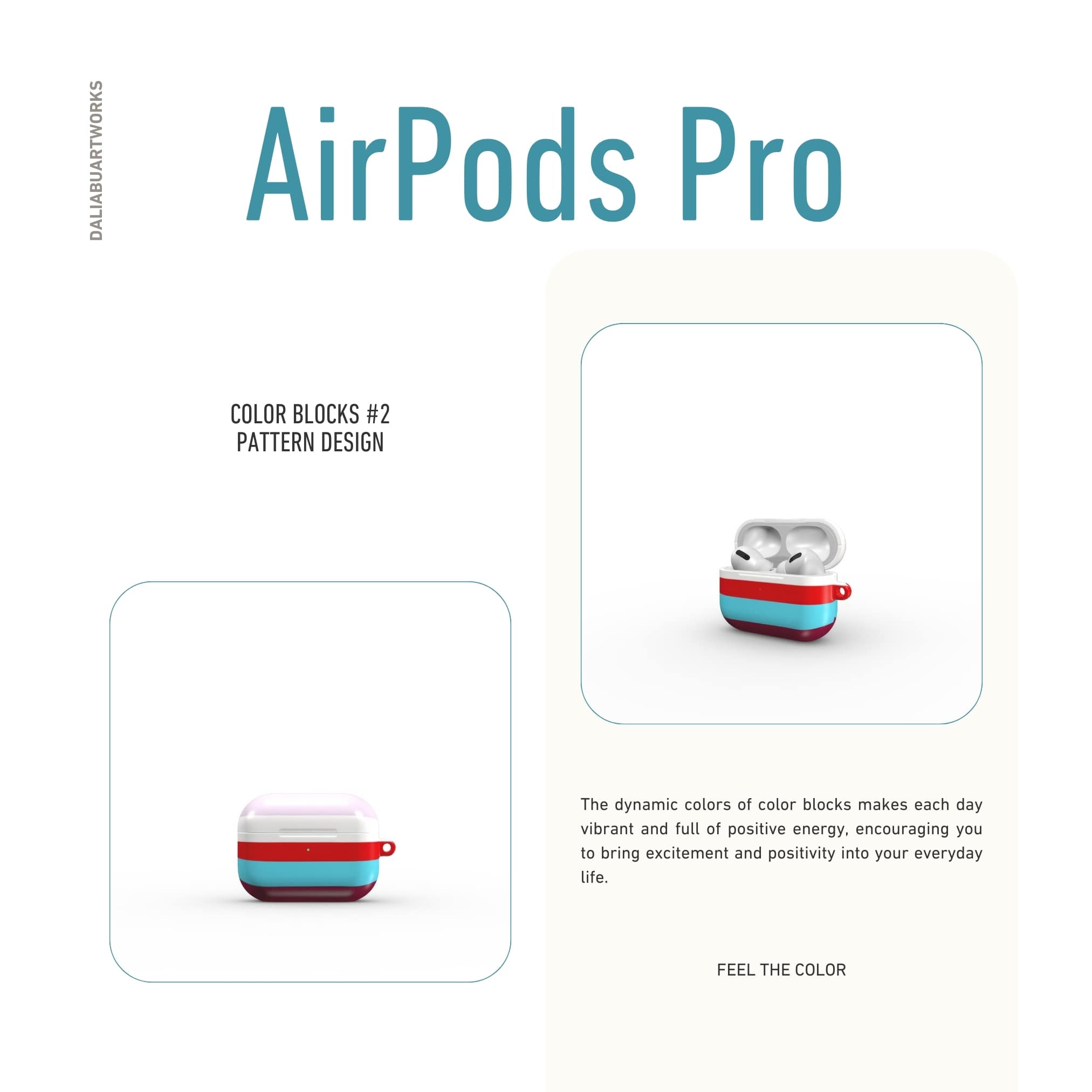 AirPods Pro tough case Color Blocks 2 pattern design with a color blocks, featuring an elegant and expressive aesthetic design. Main colors are lilac, red, passion pink and fuchsia. Front view.