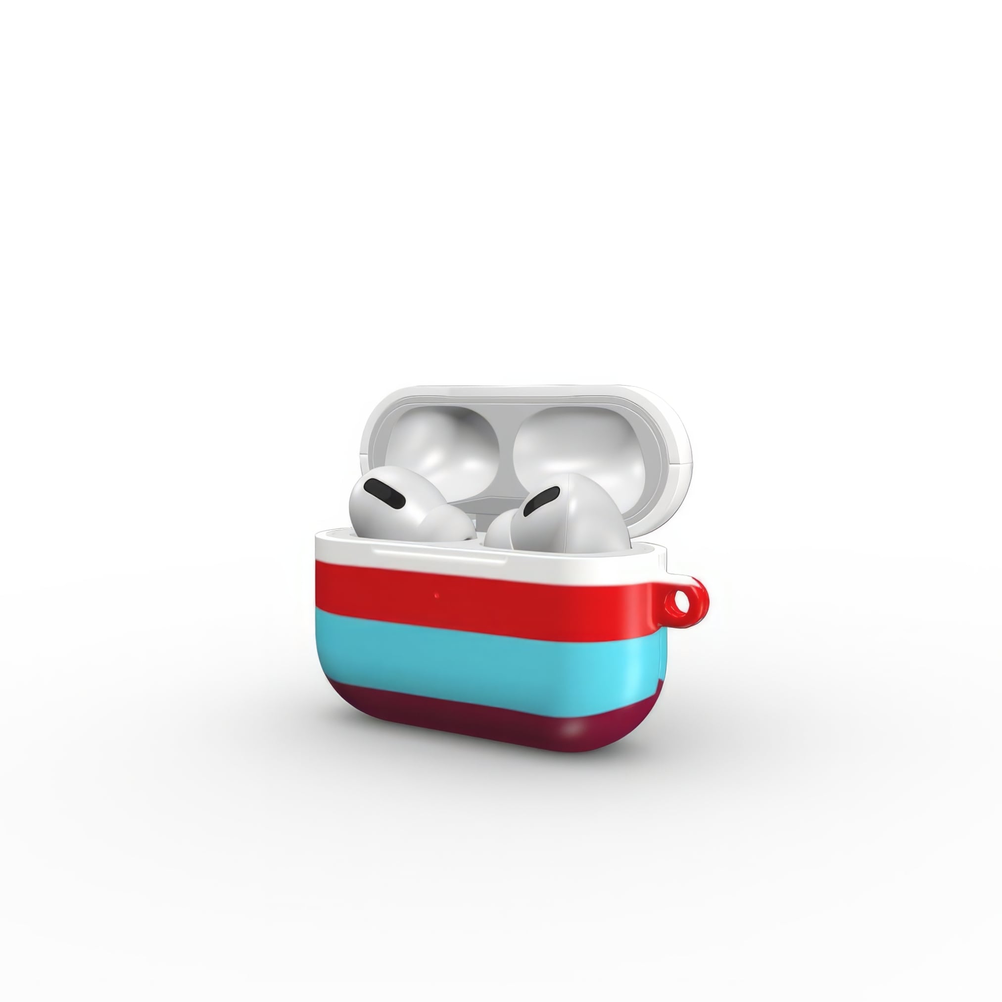 AirPods Pro tough case Color Blocks 2 pattern design with a color blocks, featuring an elegant and expressive aesthetic design. Main colors are lilac, red, passion pink and fuchsia. Side open view.