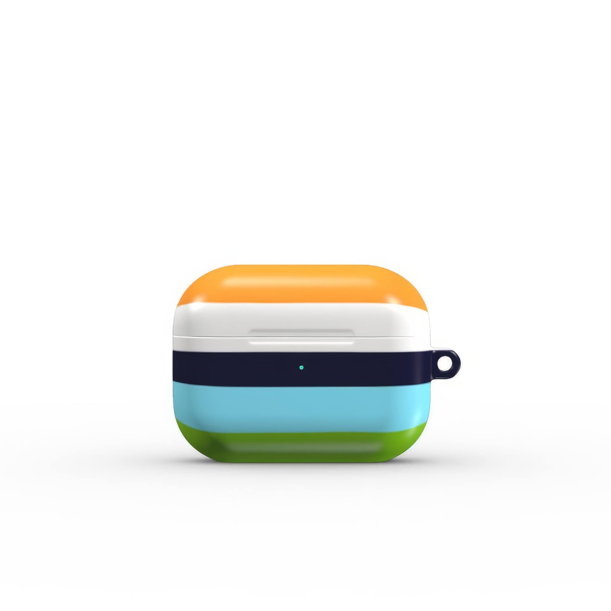 AirPods Pro tough case Color Blocks 3 pattern design with a color blocks, featuring an elegant and expressive aesthetic design. Main colors are light green, blue and orange. Front view.