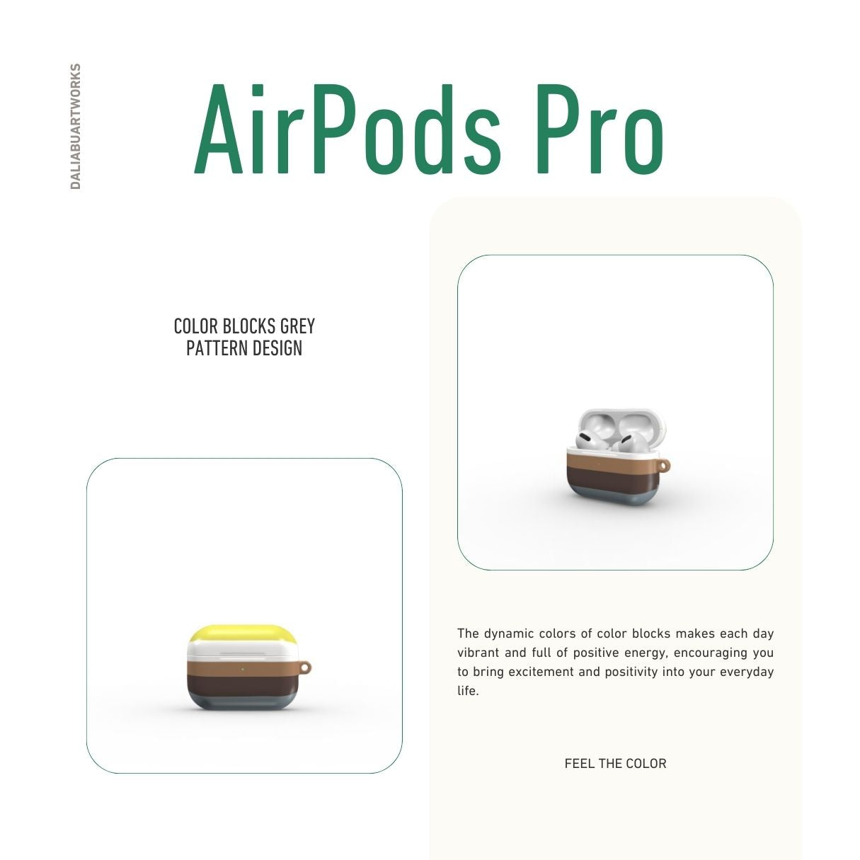 AirPods Pro case Color Blocks Grey pattern design with a color blocks, featuring an elegant and expressive aesthetic design. Main colors are caramel, chocolate brown, yellow and gray. Front view.