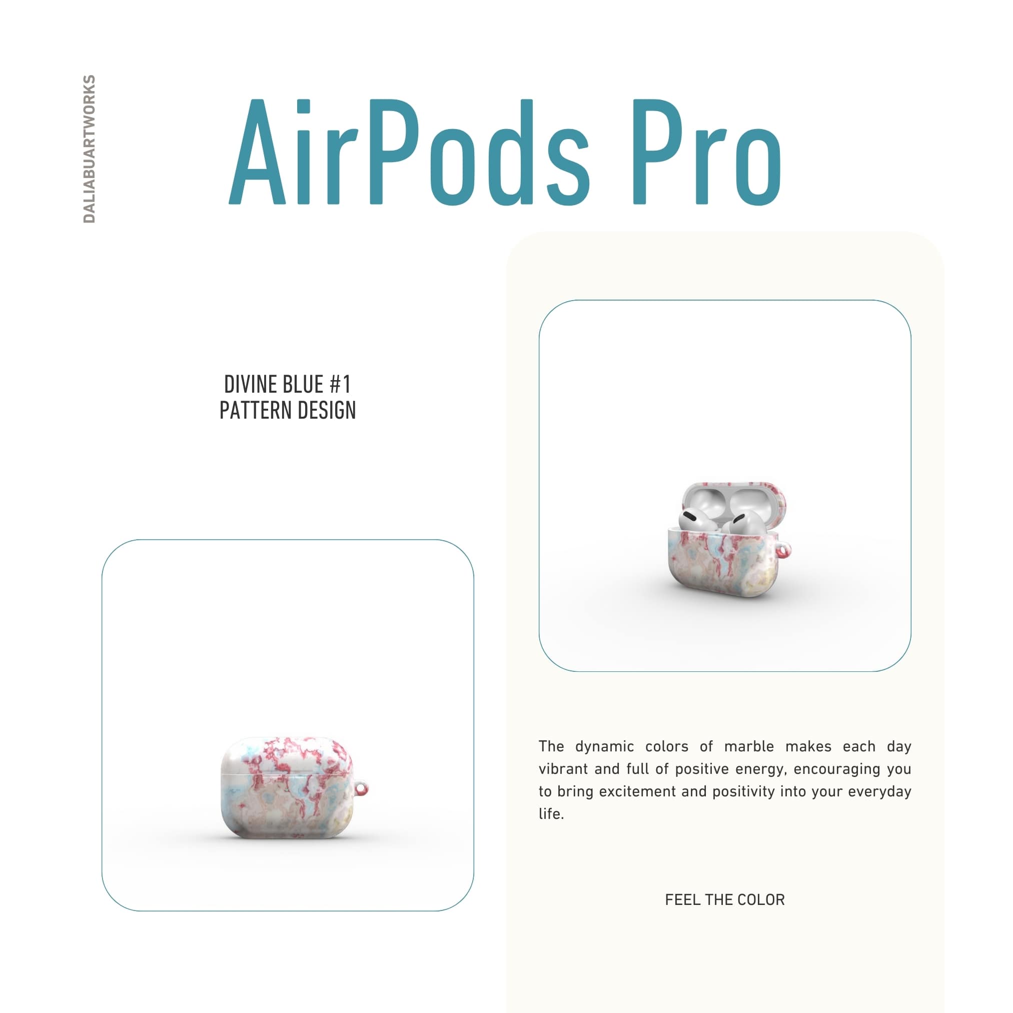 AirPods Pro tough case front view; Divine Blue 1 pattern, artistic, abstract marble pattern. Pink and light blue color combination.