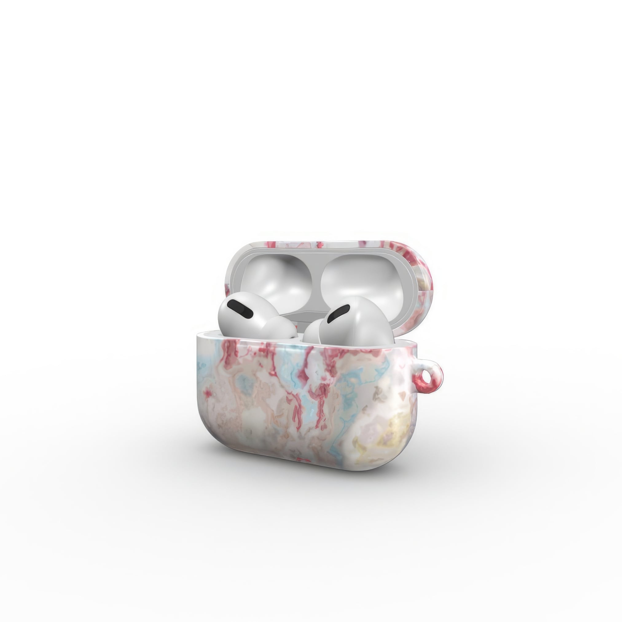 AirPods Pro tough case side open view; Divine Blue 1 pattern, artistic, abstract marble pattern. Pink and light blue color combination.