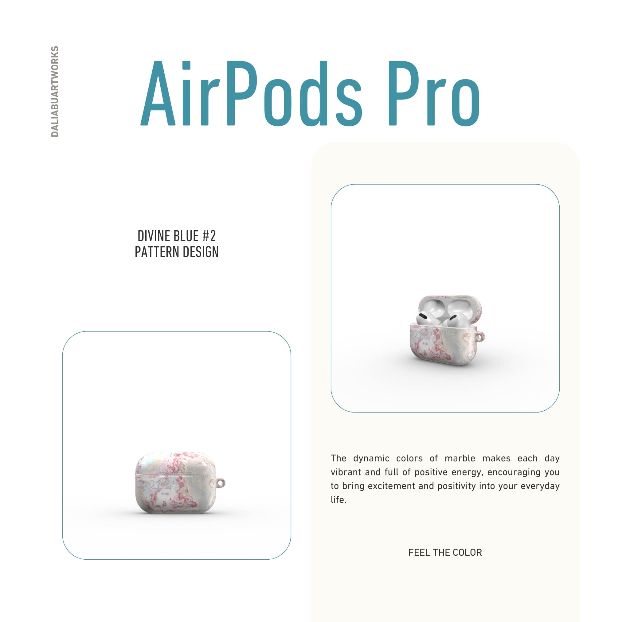 AirPods Pro case front view; Divine Blue 2 pattern, artistic, abstract marble pattern. Light blue and pink color combination.