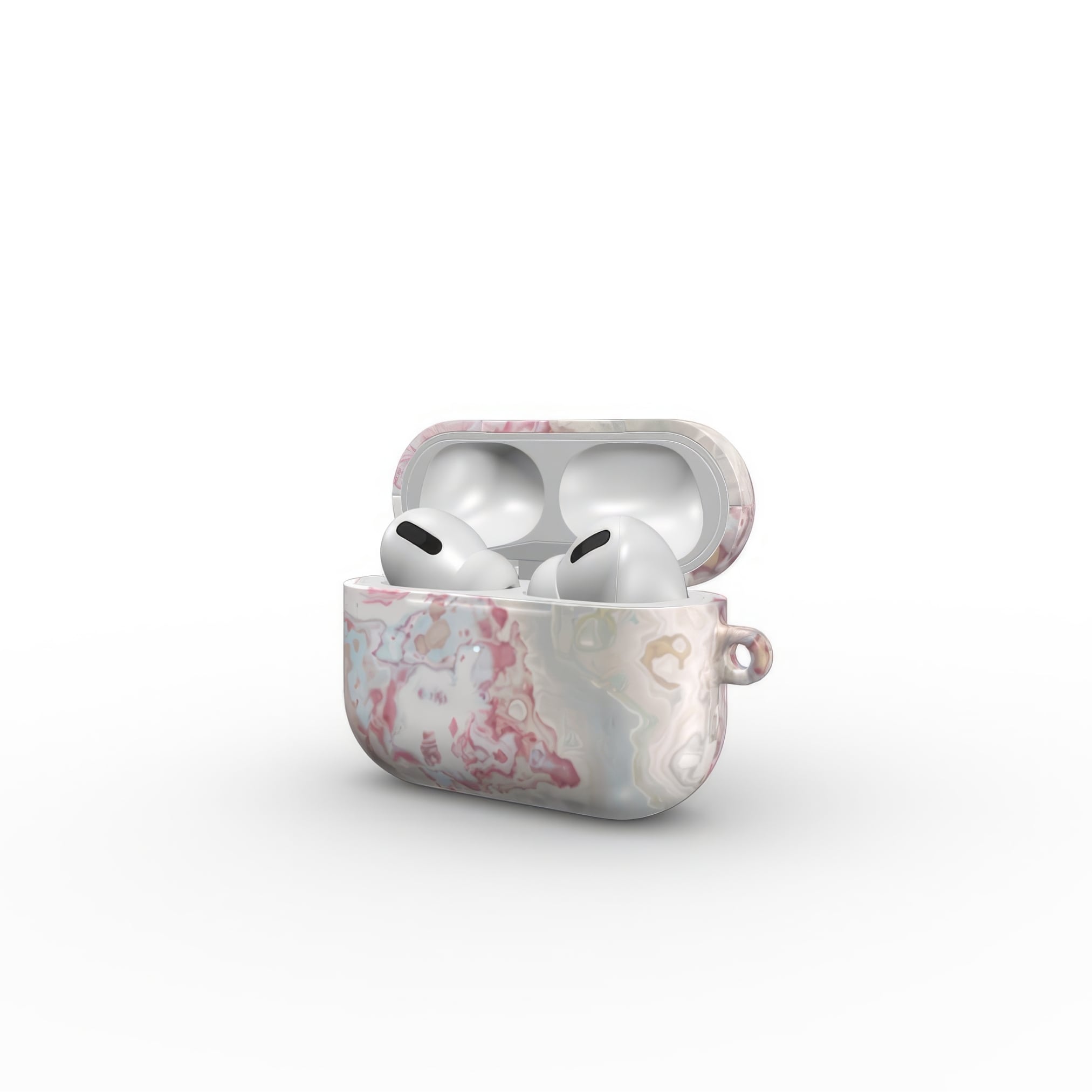 AirPods Pro case side open view; Divine Blue 2 pattern, artistic, abstract marble pattern. Light blue and pink color combination.