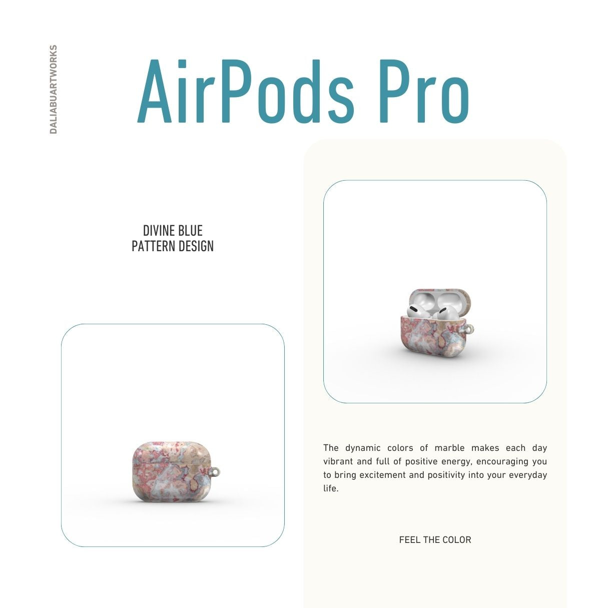 AirPods Pro tough case front view; Divine Blue pattern, artistic, abstract marble pattern. Pink and light blue color combination.
