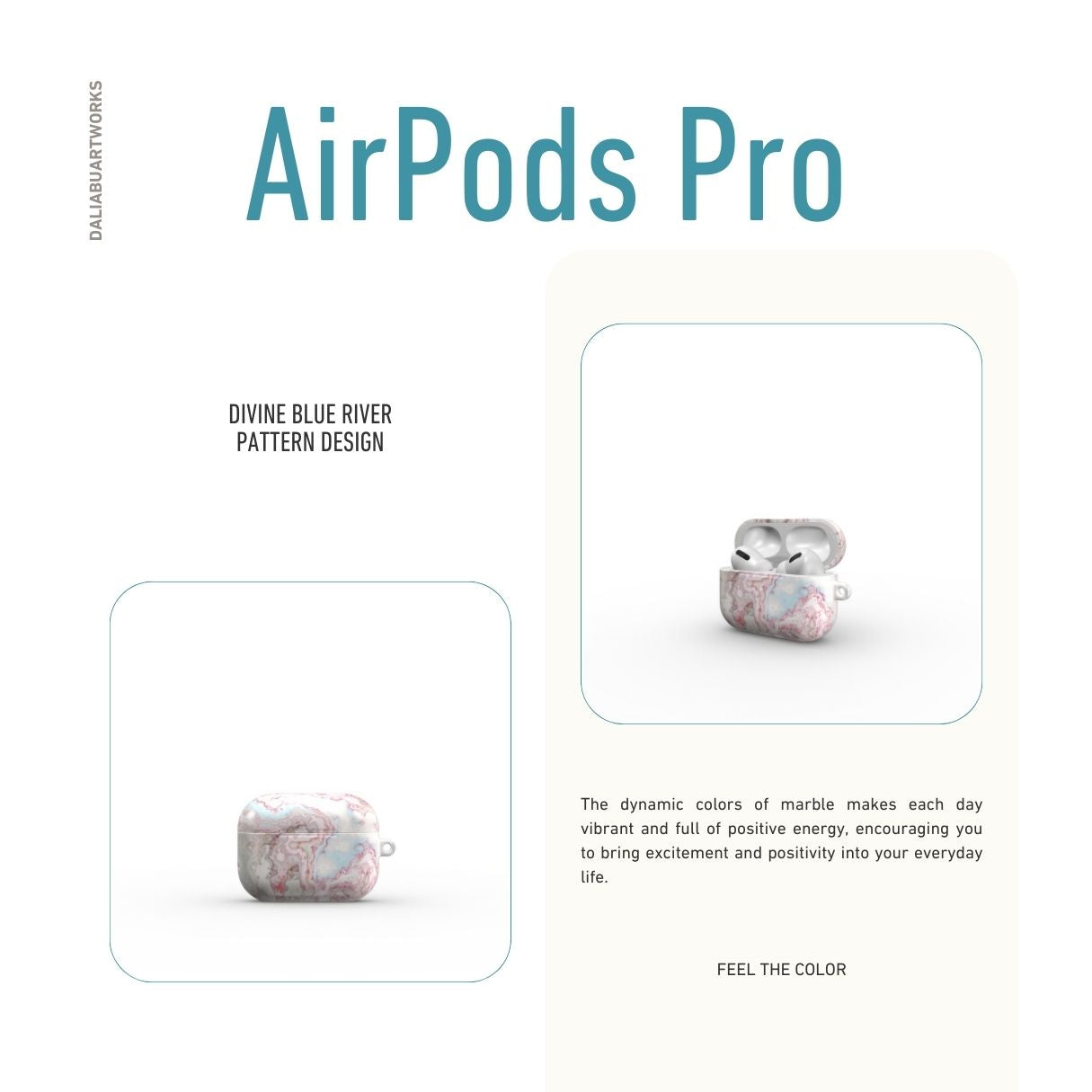 AirPods Pro case front view; Divine Blue River pattern, artistic, abstract marble pattern. Light blue and pink color combination.