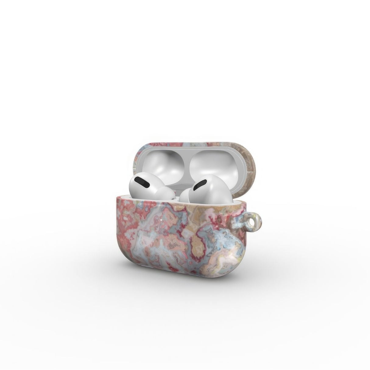 AirPods Pro tough case side open view; Divine Blue pattern, artistic, abstract marble pattern. Pink and light blue color combination.