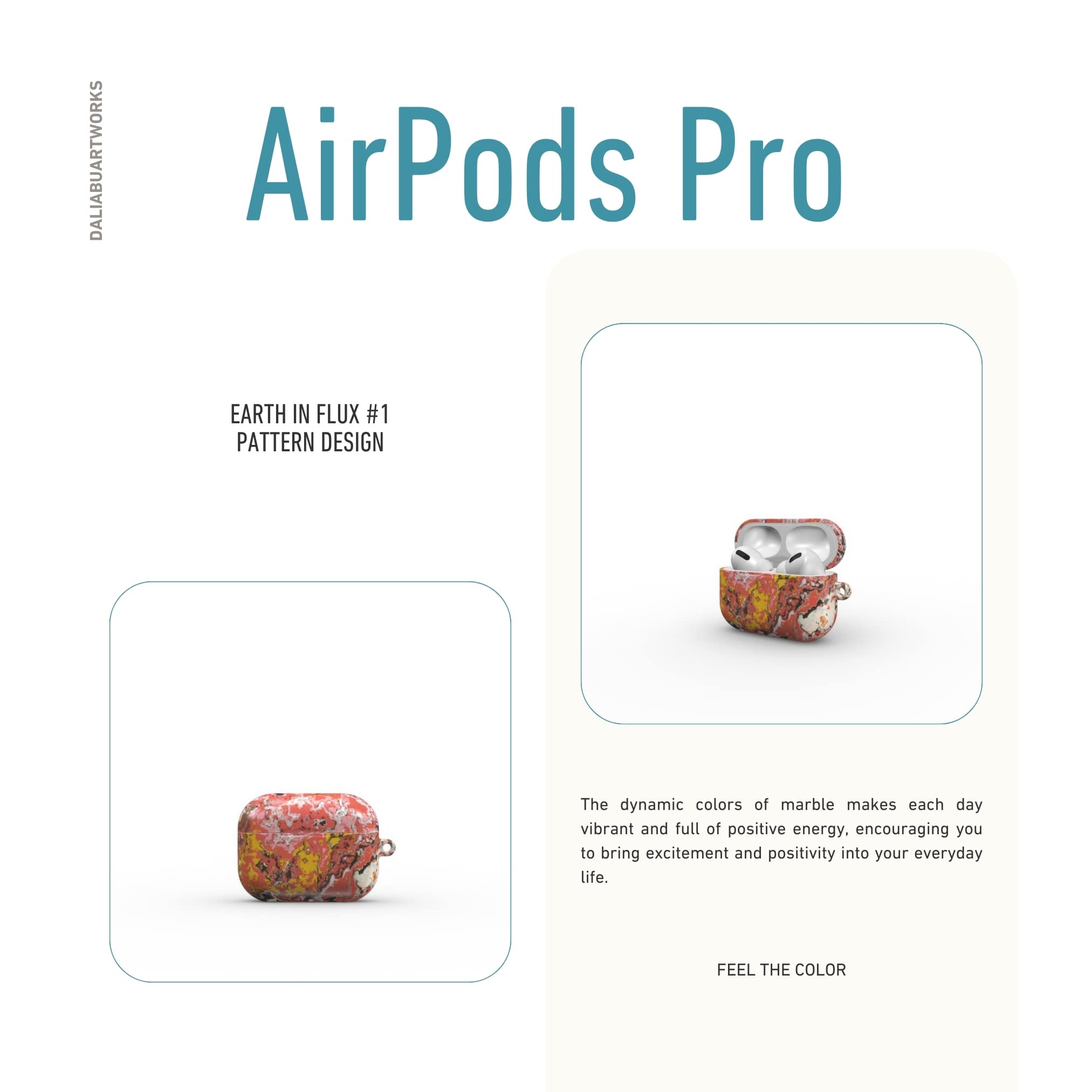 Airpods Pro case closed front view; Earth in Flux 1 pattern, artistic, abstract marble pattern. Blue and brick red color combination.
