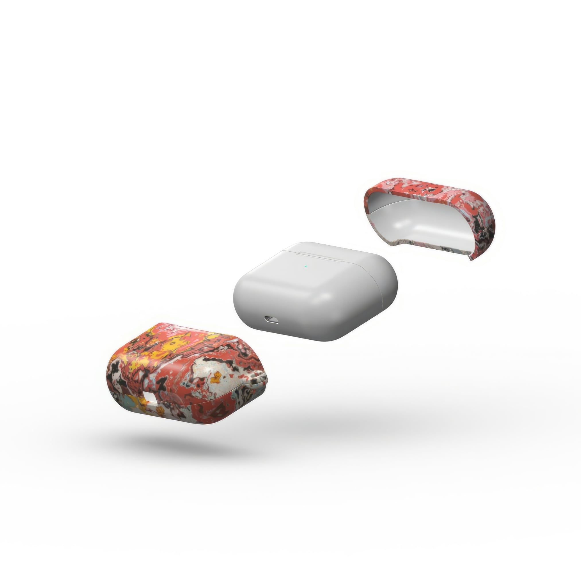 Airpods Pro case closed extend view; Earth in Flux 1 pattern, artistic, abstract marble pattern. Blue and brick red color combination.