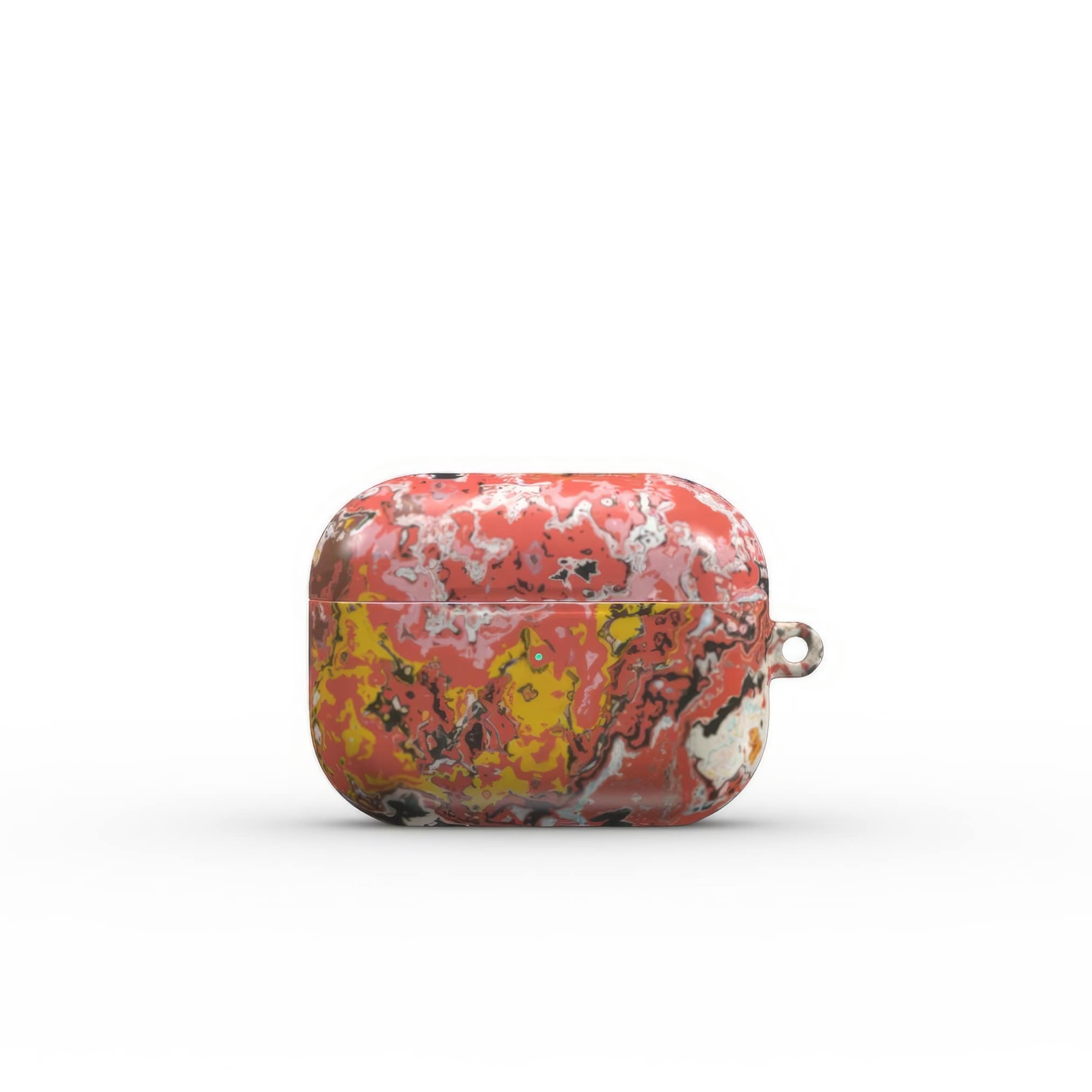 Airpods Pro case closed front view; Earth in Flux 1 pattern, artistic, abstract marble pattern. Blue and brick red color combination. Bold expressive aesthetic design. Colorful and interior fit. Elegant.