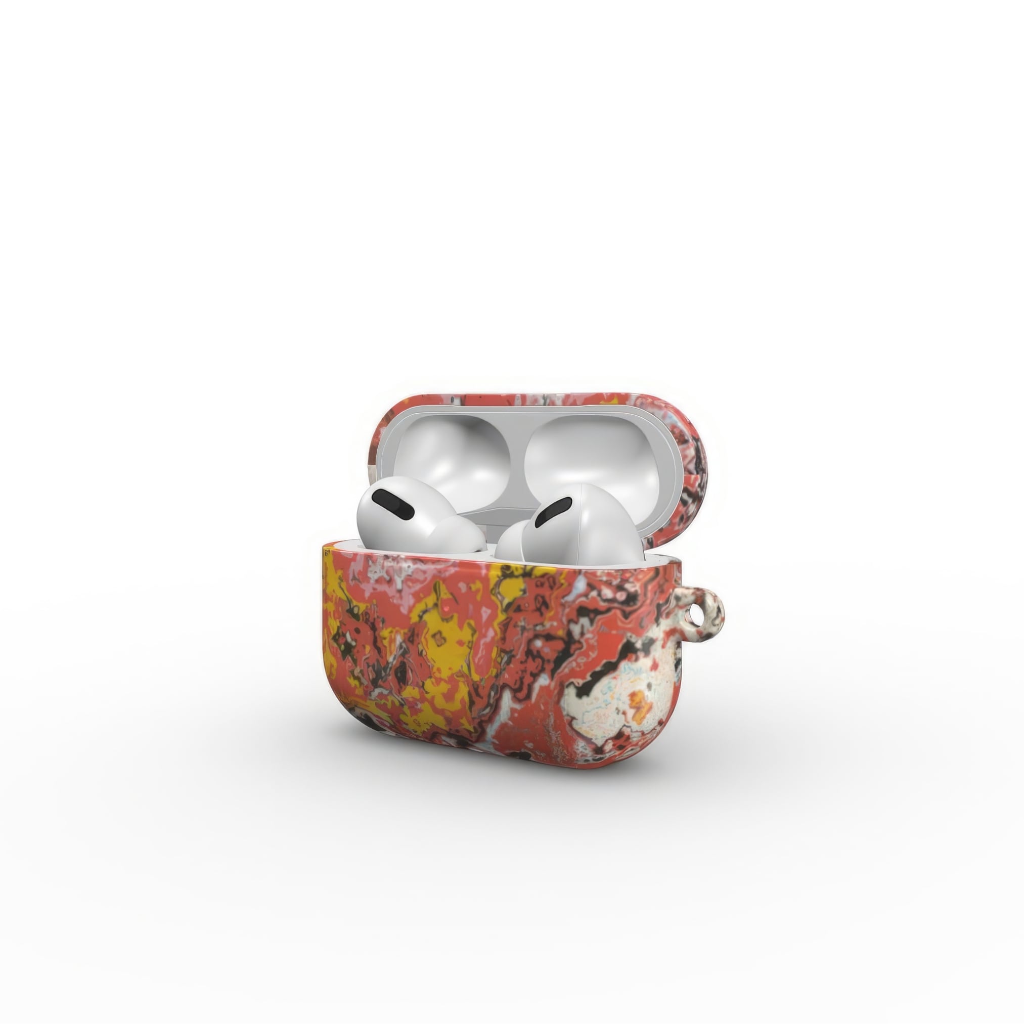 Airpods Pro case closed side open view; Earth in Flux 1 pattern, artistic, abstract marble pattern. Blue and brick red color combination.