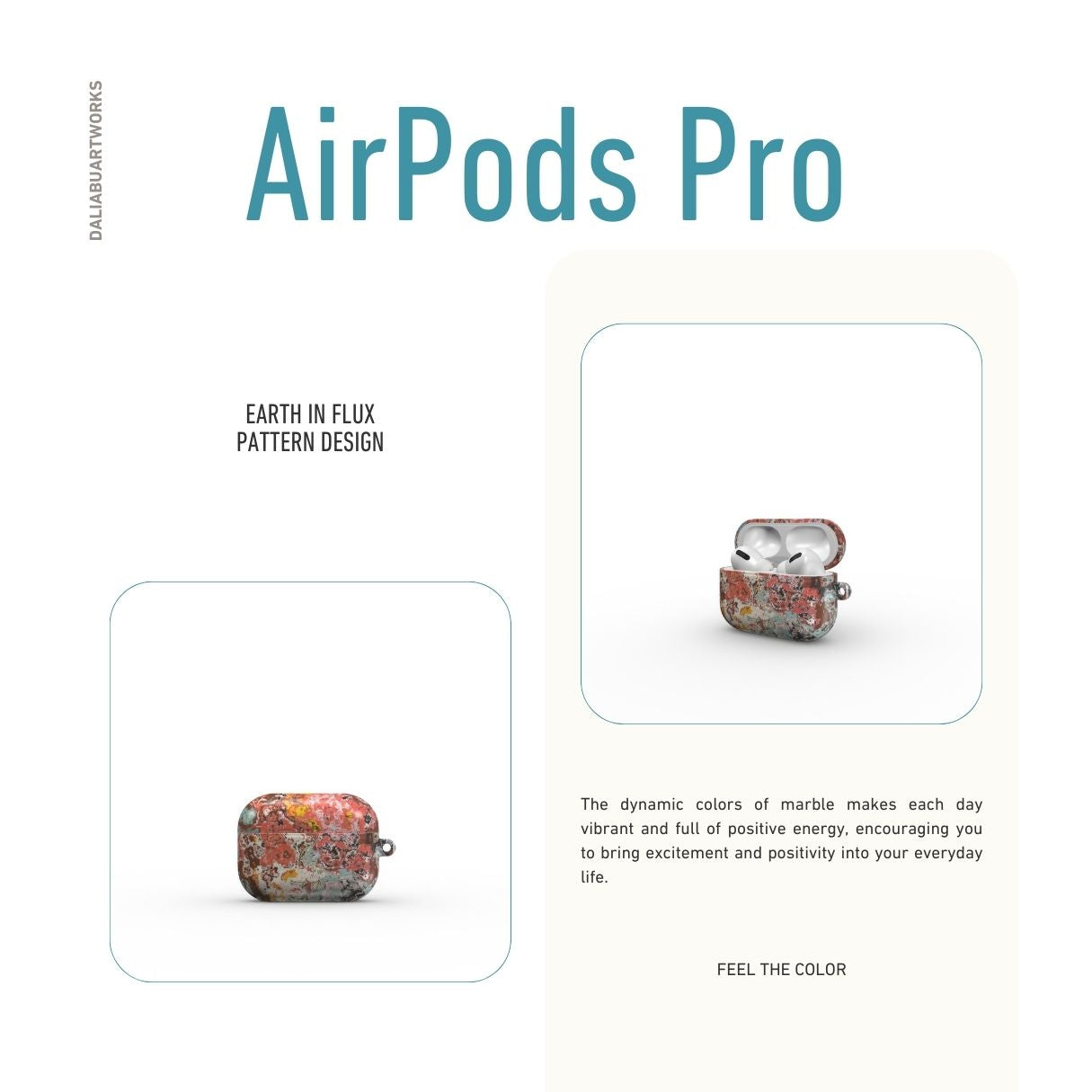 Airpods Pro case front view; Earth in Flux pattern, artistic, abstract marble pattern. Blue and brick red color combination.