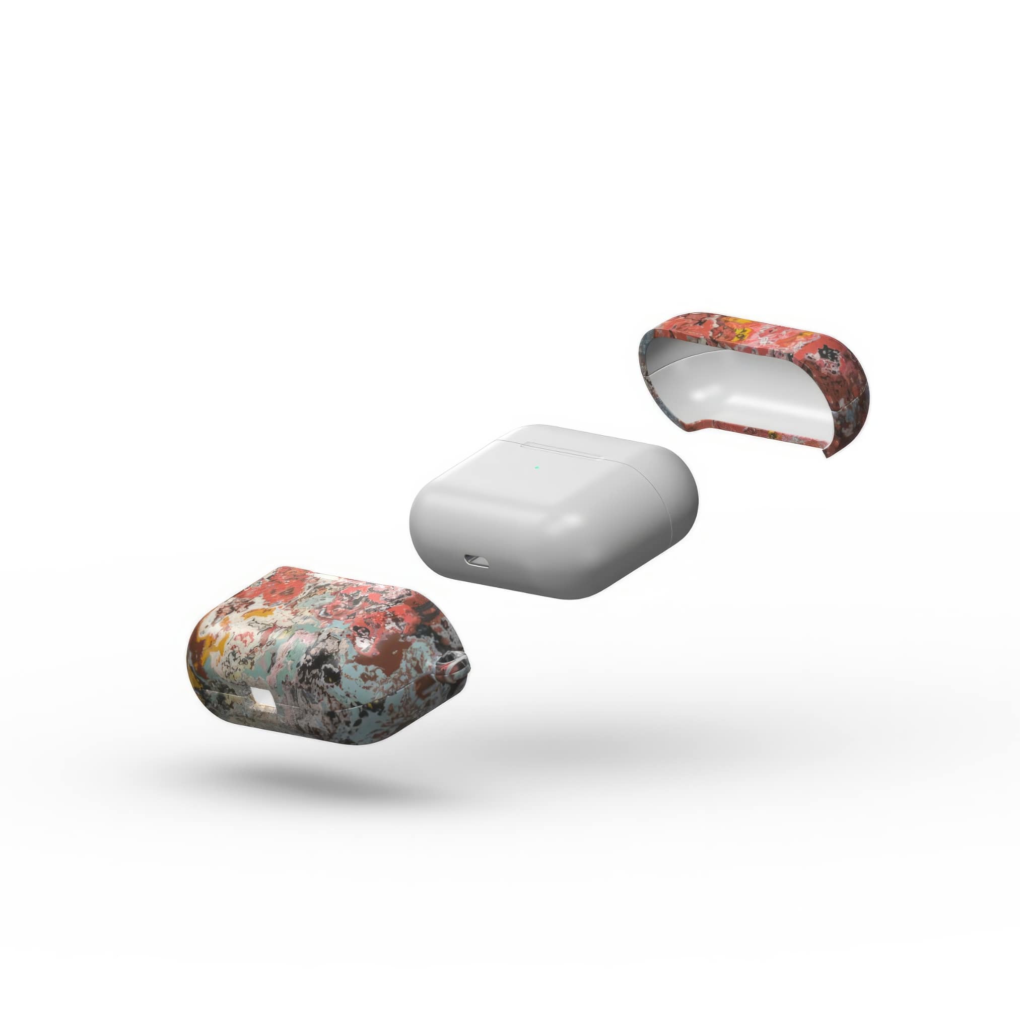 Airpods Pro case closed extend view; Earth in Flux pattern, artistic, abstract marble pattern. Blue and brick red color combination.