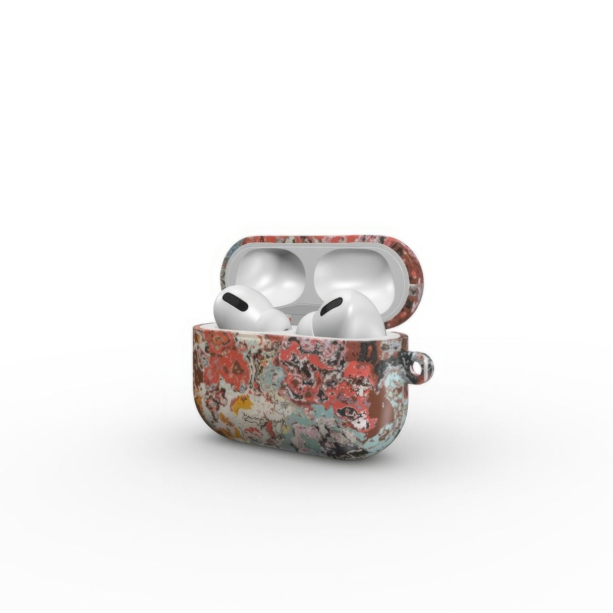 Airpods Pro case side open view; Earth in Flux pattern, artistic, abstract marble pattern. Blue and brick red color combination.