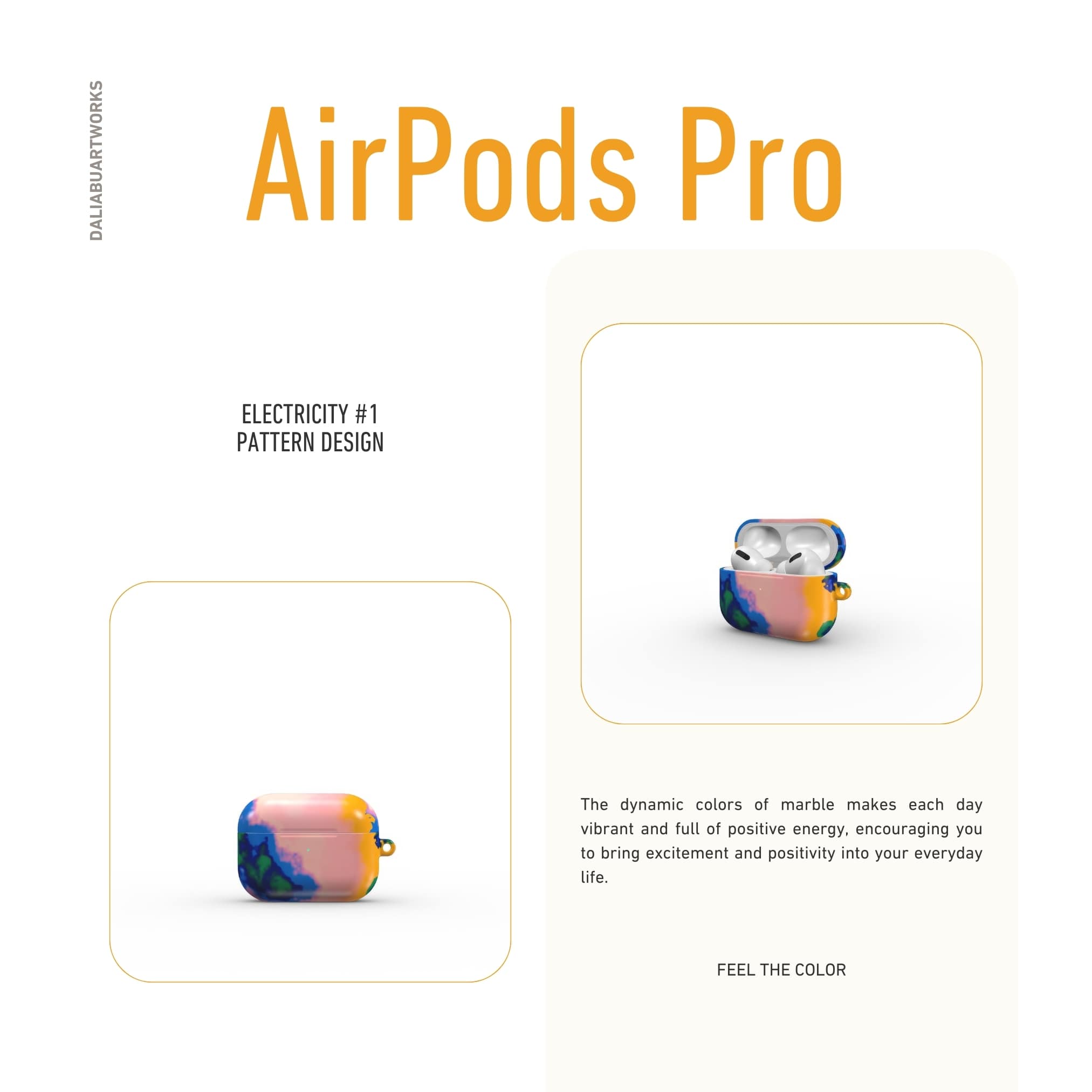 AirPods Pro case front view; Electricity 1 pattern, artistic, abstract marble pattern. Blue and orange color combination.