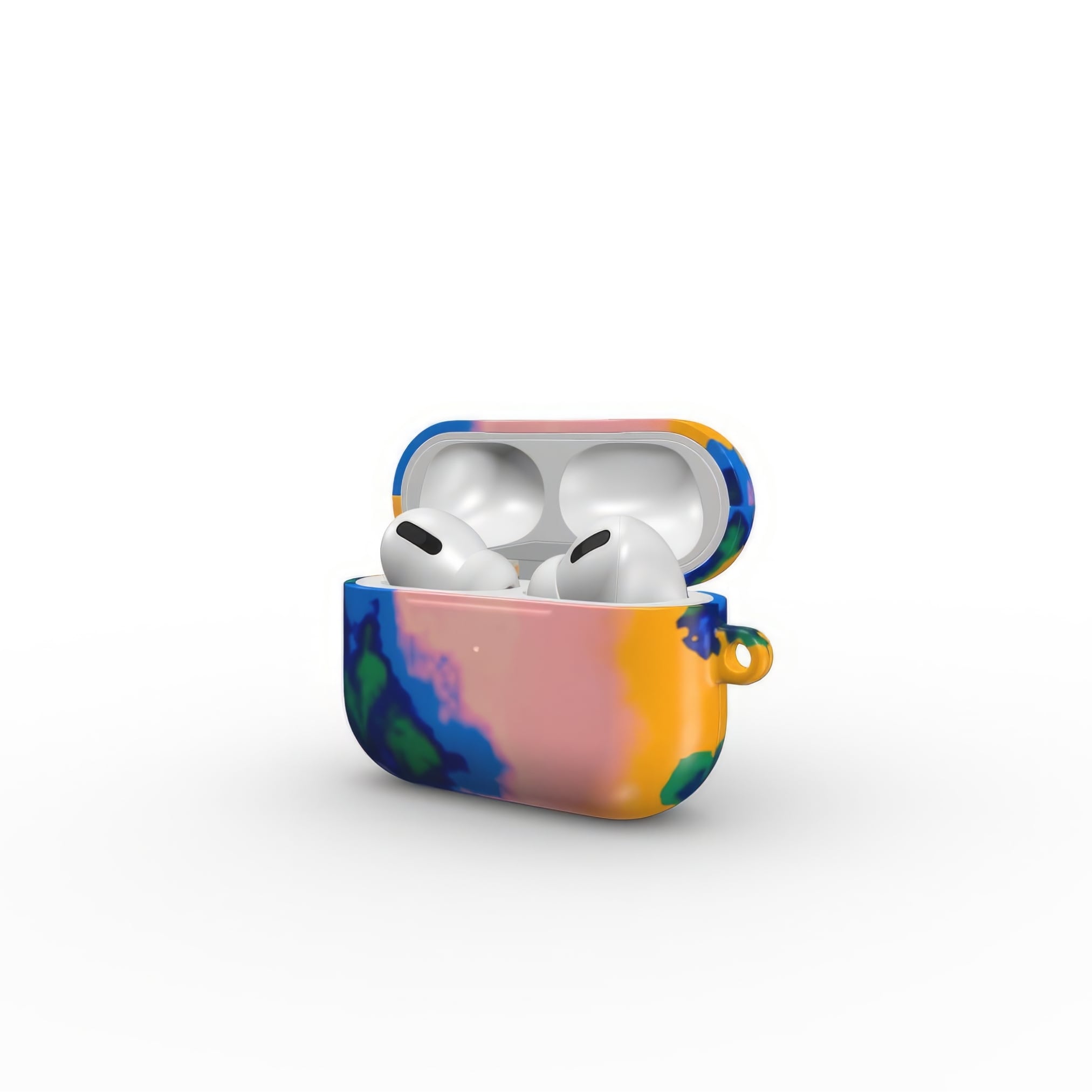 AirPods Pro case side open view; Electricity 1 pattern, artistic, abstract marble pattern. Blue and orange color combination.