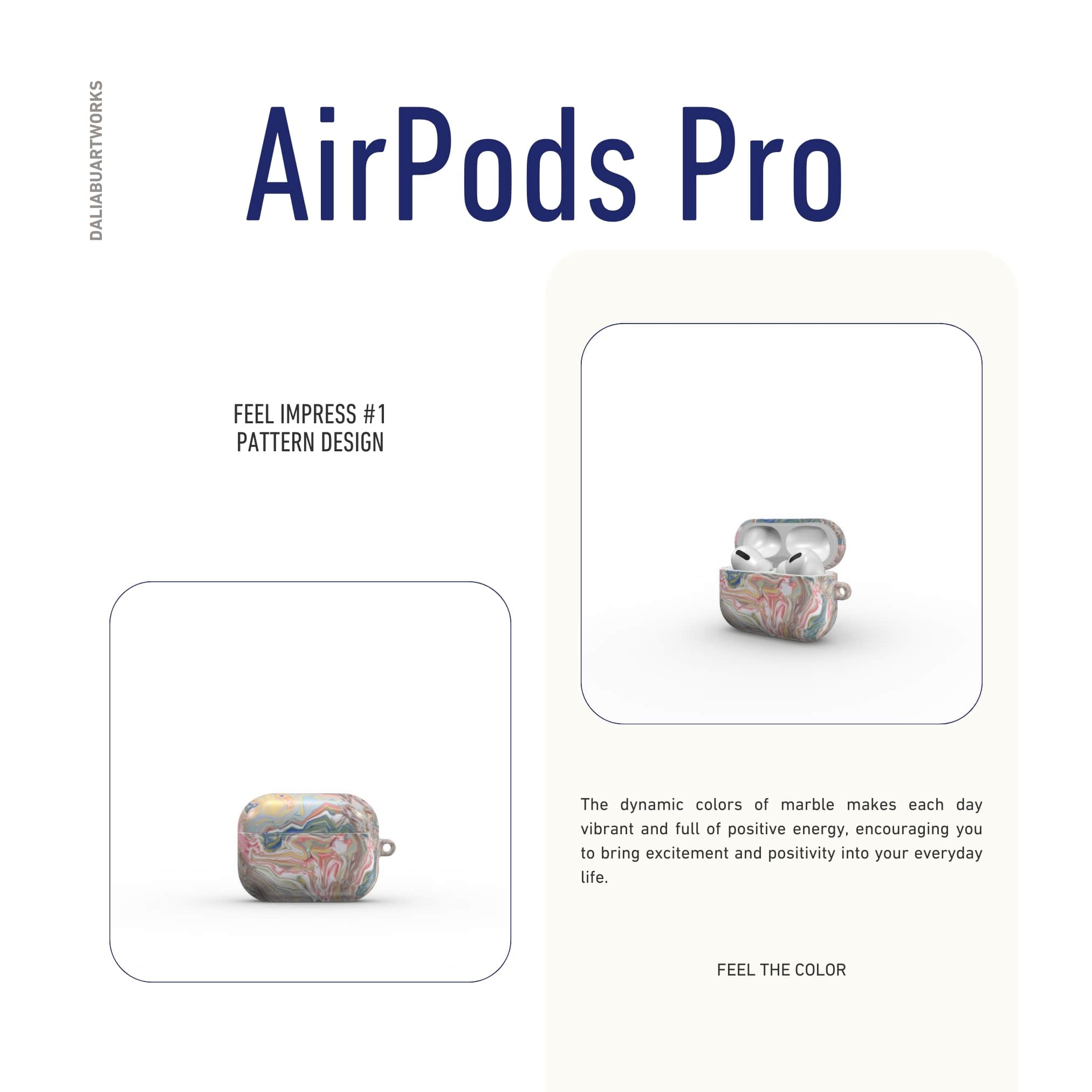AirPods Pro tough case front view; Feel Impress 1 pattern, artistic, abstract marble pattern. Pastel blue, green and red color combination. Inspired by impressionist art.