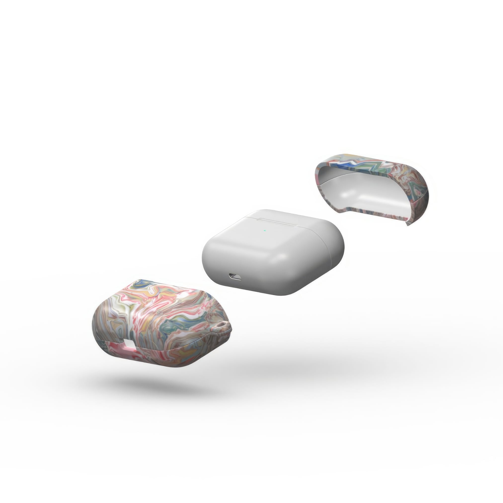 AirPods Pro tough case extend view; Feel Impress 1 pattern, artistic, abstract marble pattern. Pastel blue, green and red color combination. Inspired by impressionist art.
