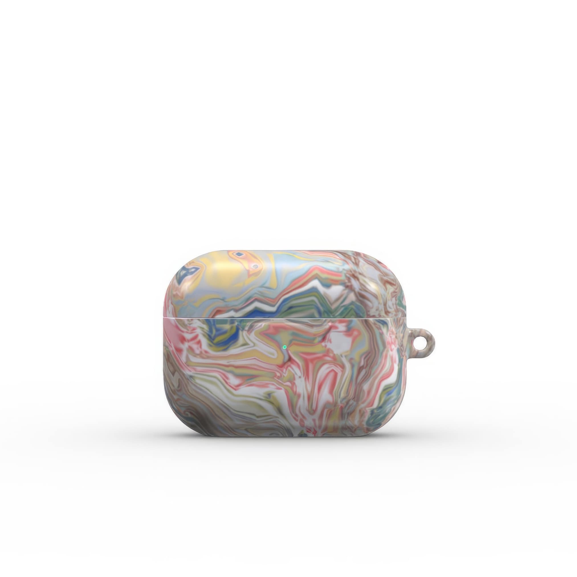 AirPods Pro tough case front view; Feel Impress 1 pattern, artistic, abstract marble pattern. Pastel blue, green and red color combination. Inspired by impressionist art. Bold expressive aesthetic design. Colorful and interior fit. Elegant.