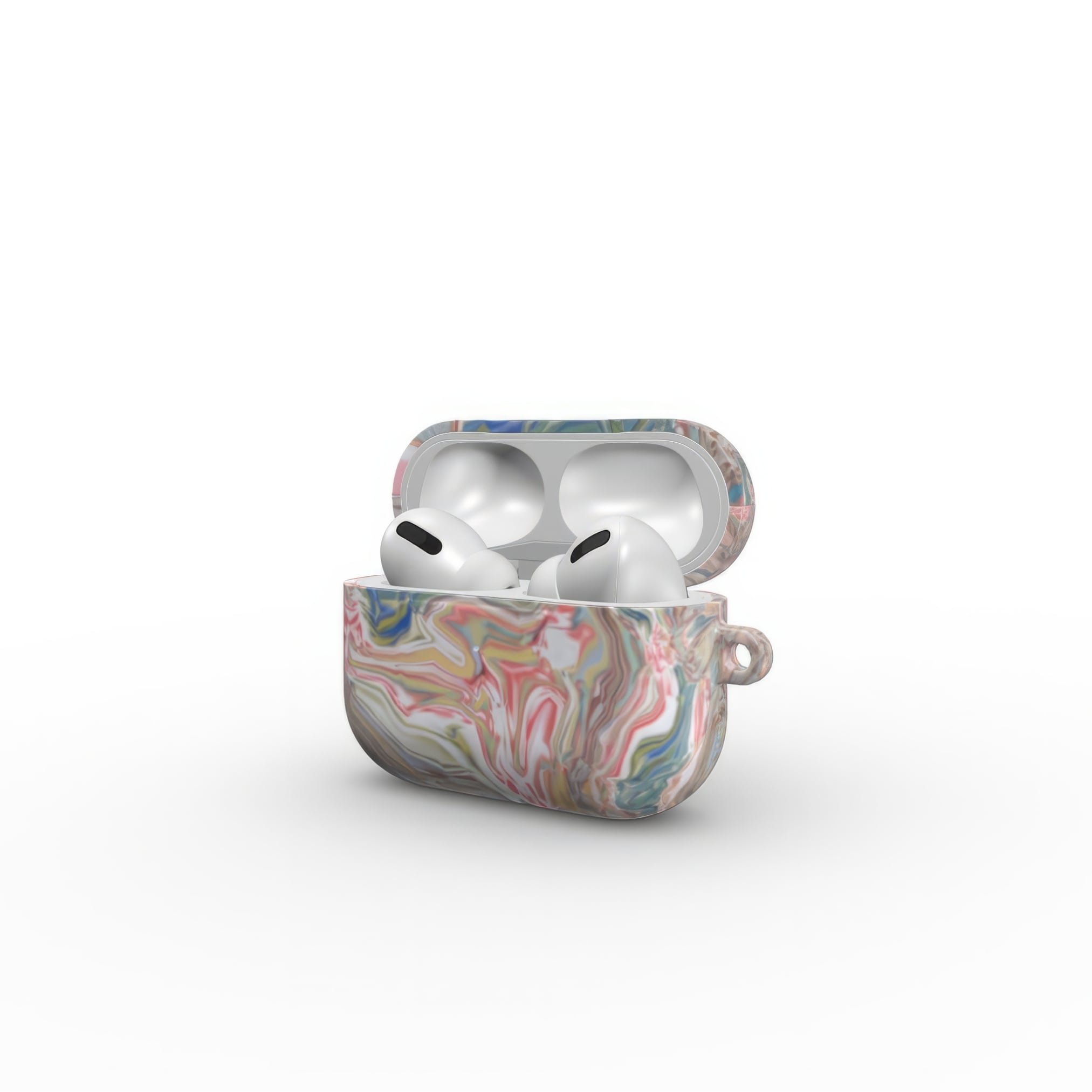 AirPods Pro tough case side open view; Feel Impress 1 pattern, artistic, abstract marble pattern. Pastel blue, green and red color combination. Inspired by impressionist art.