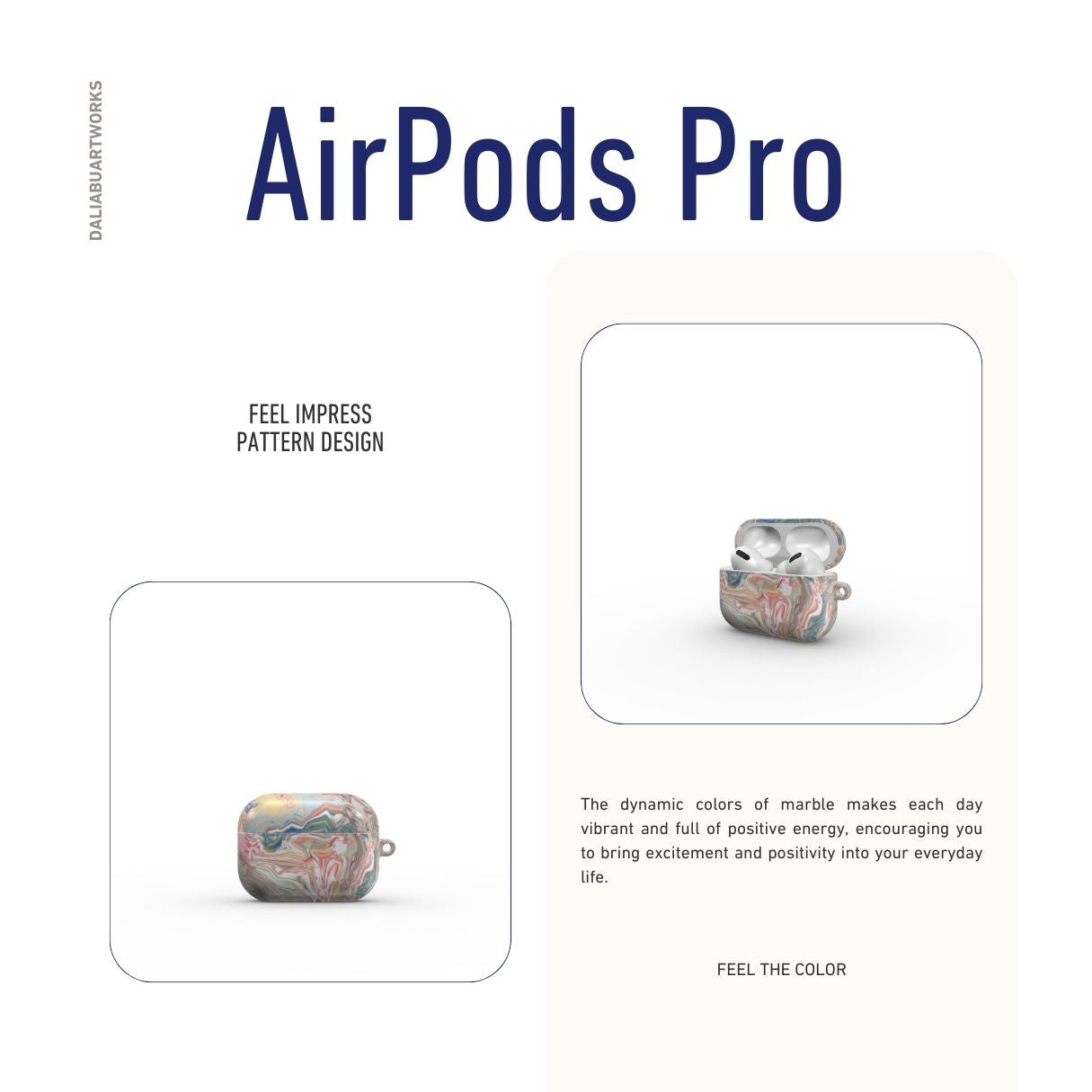 AirPods Pro tough case front closed view; Feel Impress pattern, artistic, abstract marble pattern. Pastel blue, green and red color combination. Inspired by impressionist art. Bold expressive aesthetic design. Colorful and interior fit. Elegant.