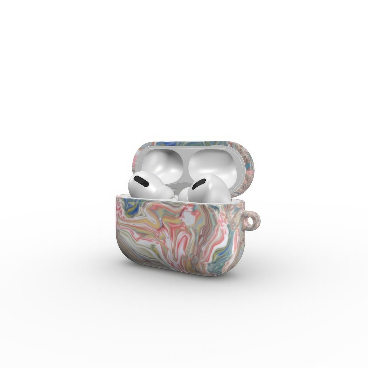 AirPods Pro tough case side open view; Feel Impress pattern, artistic, abstract marble pattern. Pastel blue, green and red color combination. Inspired by impressionist art. Bold expressive aesthetic design. Colorful and interior fit. Elegant.