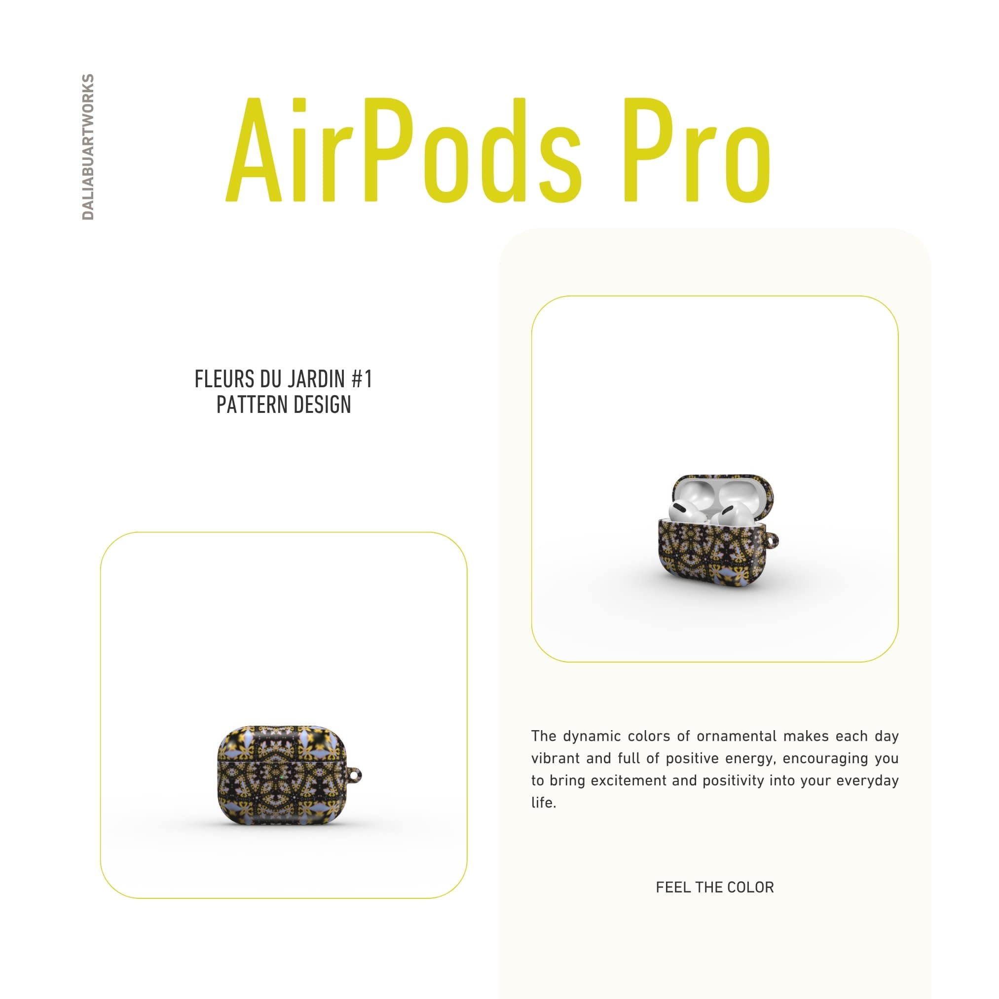 AirPods Pro case Fleurs Du Jardin 1 pattern with geometric design, featuring an elegant and expressive aesthetic shape. Main colors are blue, yellow and dark purple. Description.