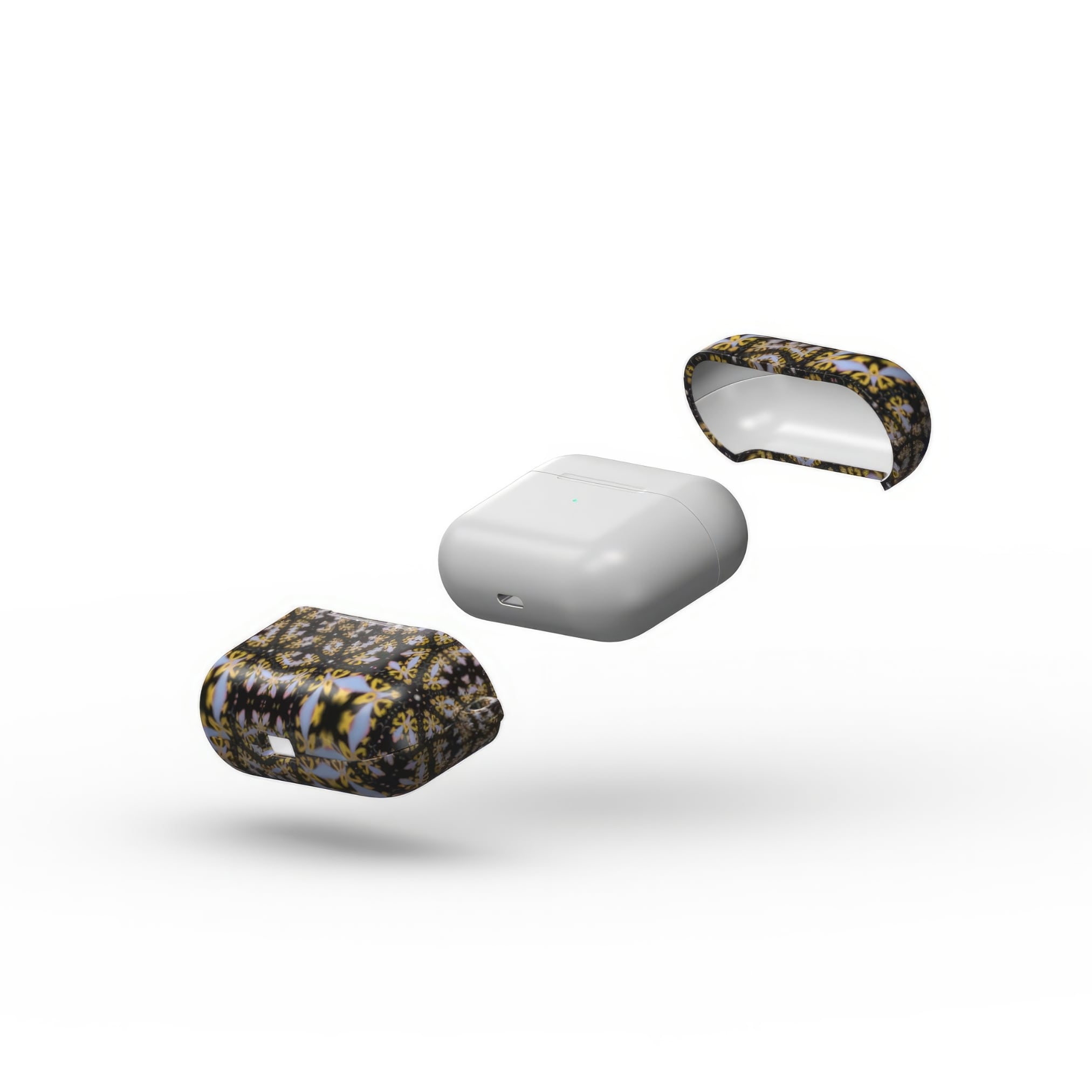 AirPods Pro case Fleurs Du Jardin 1 pattern with geometric design, featuring an elegant and expressive aesthetic shape. Main colors are blue, yellow and dark purple. Extend view.