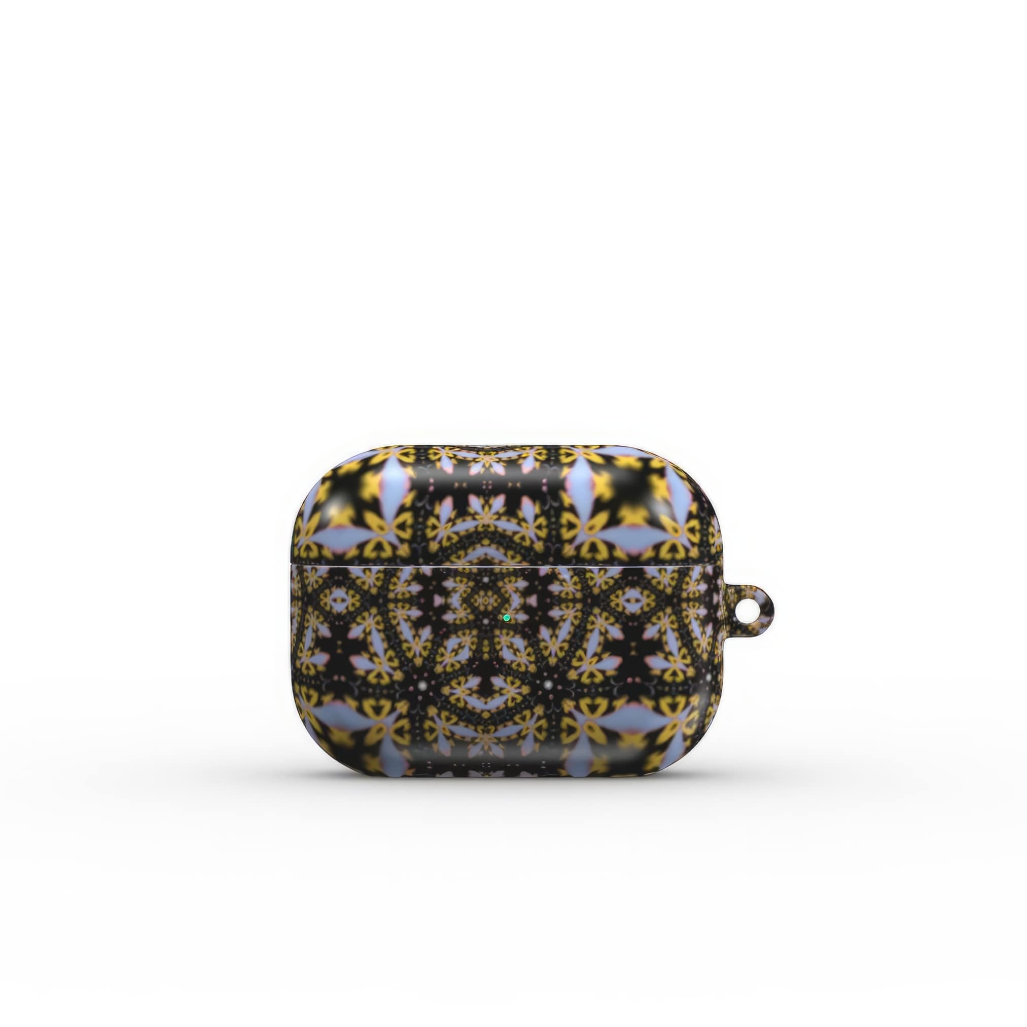 AirPods Pro case Fleurs Du Jardin 1 pattern with geometric design, featuring an elegant and expressive aesthetic shape. Main colors are blue, yellow and dark purple. Front view.