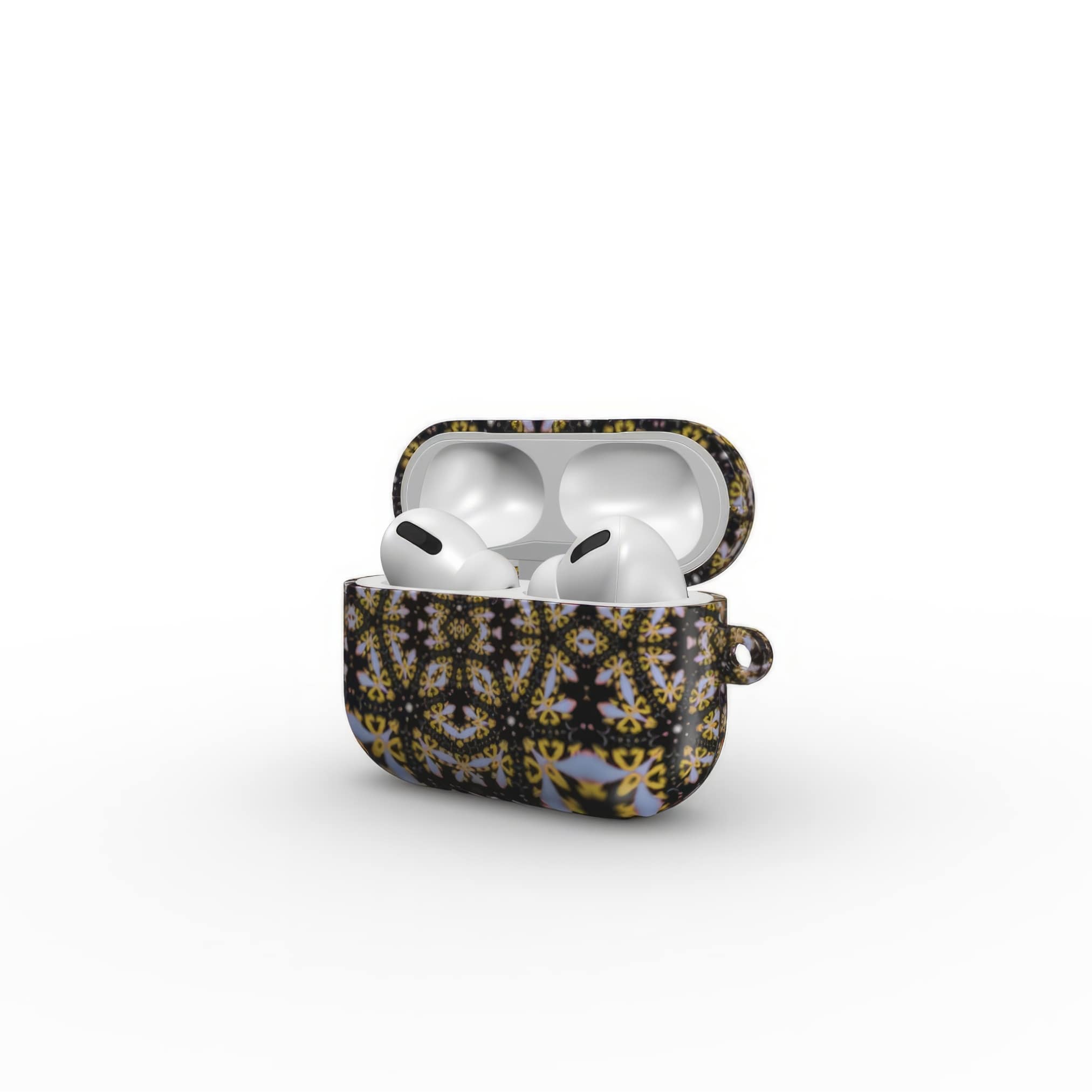 AirPods Pro case Fleurs Du Jardin 1 pattern with geometric design, featuring an elegant and expressive aesthetic shape. Main colors are blue, yellow and dark purple. Side view.