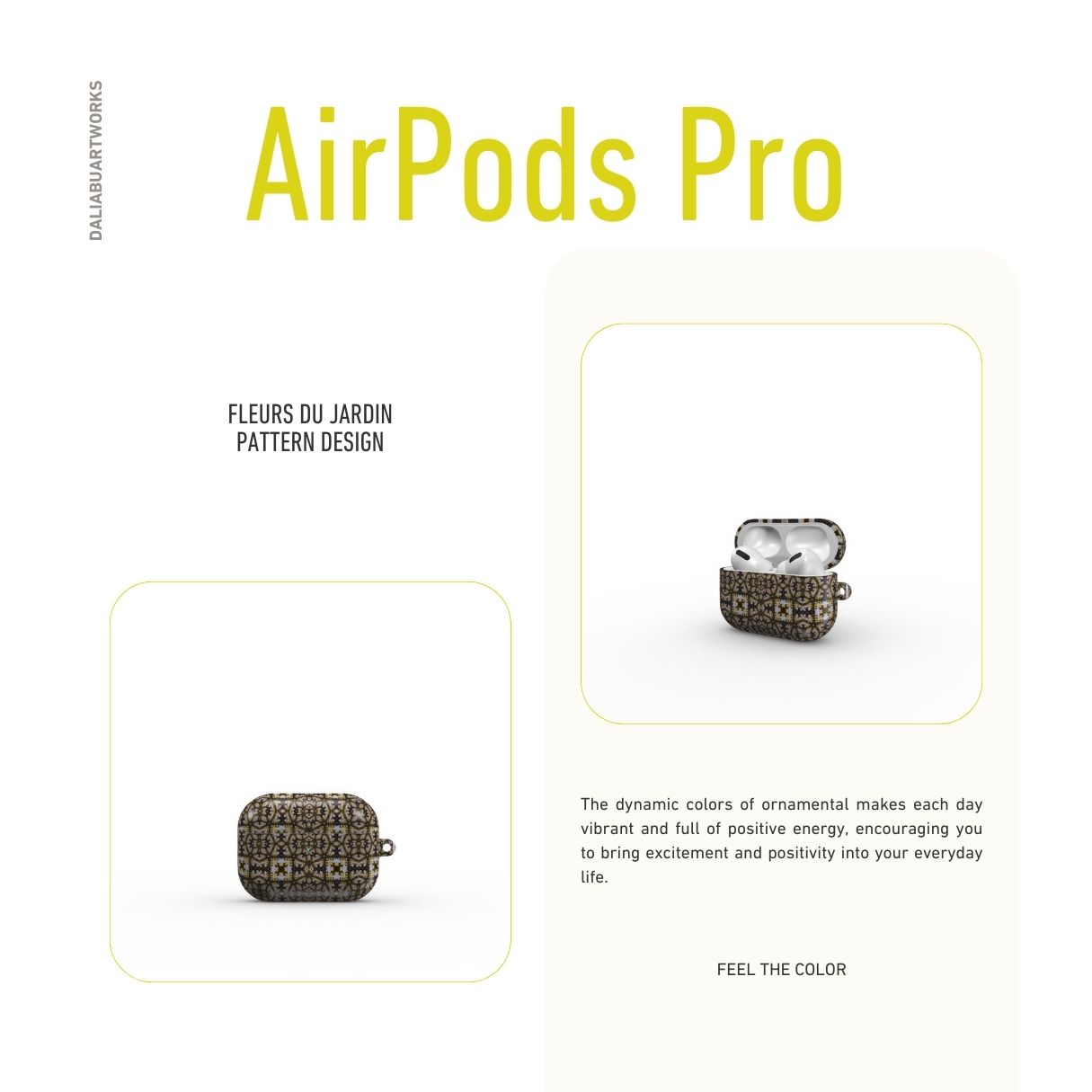 AirPods Pro case Fleurs Du Jardin pattern with geometric design, featuring an elegant and expressive aesthetic shape. Main colors are blue, yellow and dark purple. Description.