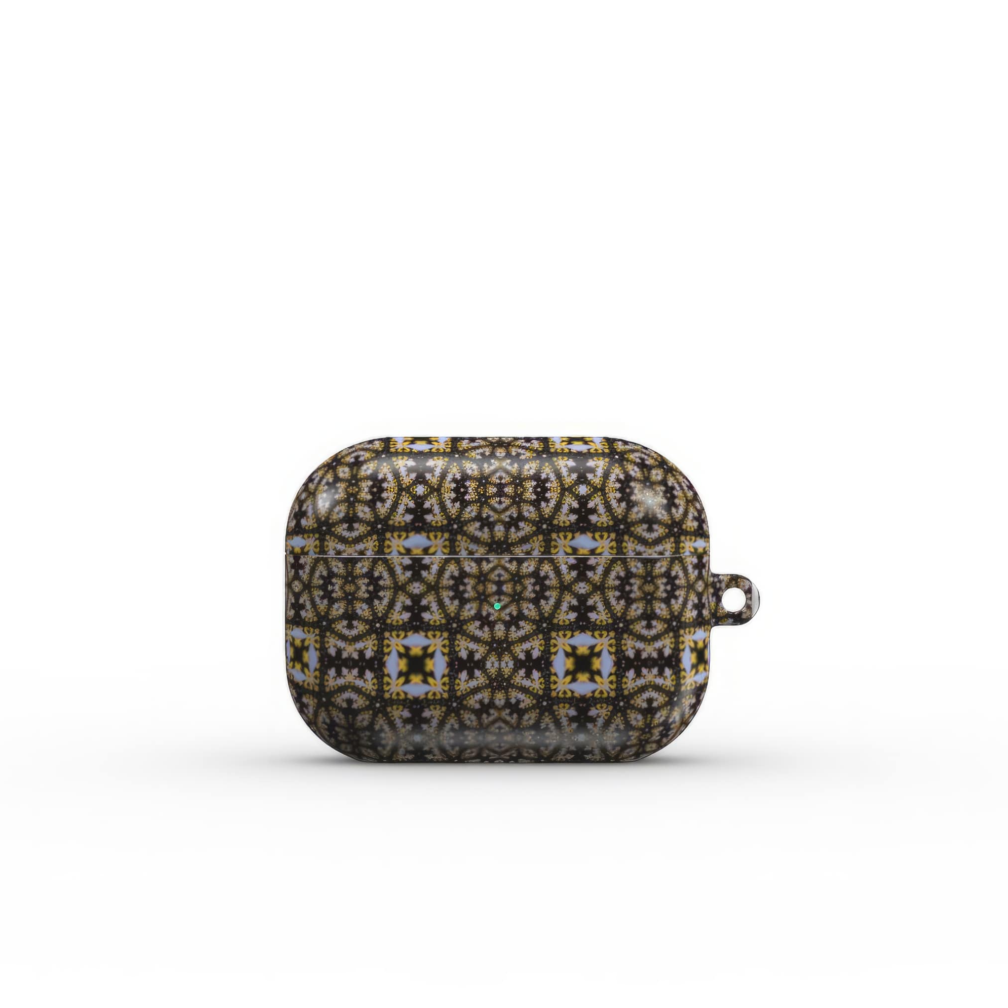 AirPods Pro case Fleurs Du Jardin pattern with geometric design, featuring an elegant and expressive aesthetic shape. Main colors are blue, yellow and dark purple. Front view.