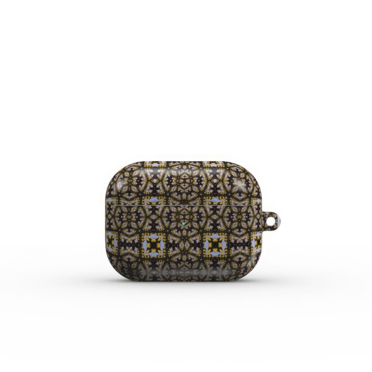 AirPods Pro case Fleurs Du Jardin pattern with geometric design, featuring an elegant and expressive aesthetic shape. Main colors are blue, yellow and dark purple. Front closed view.