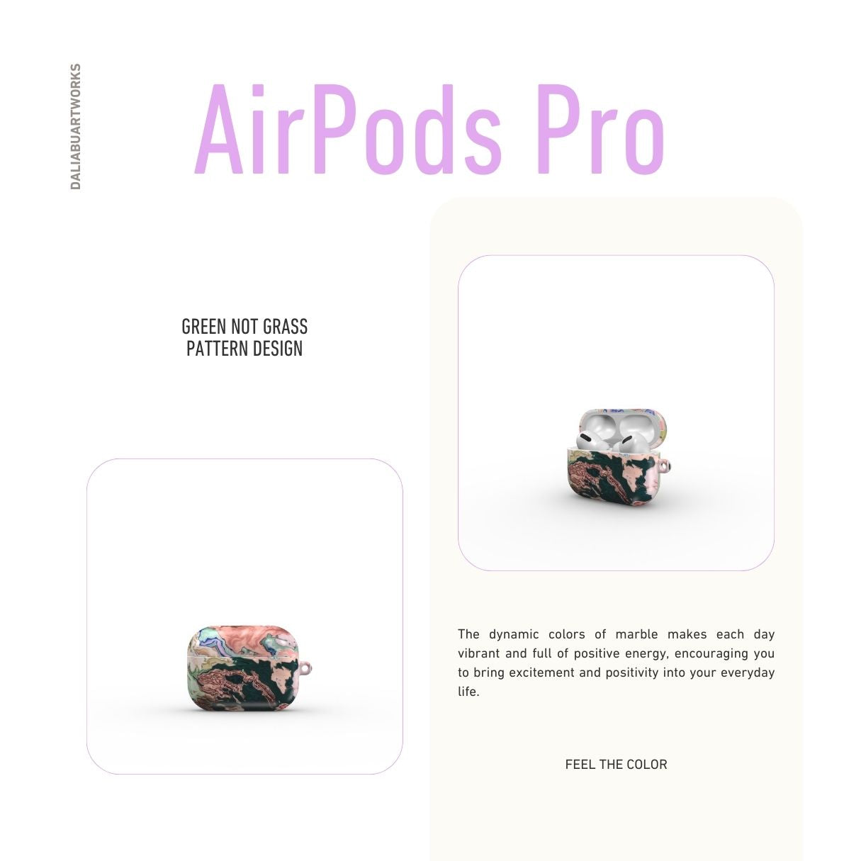 AirPods Pro case with a bold vivid pattern Green Not Grass abstract and artistic style, featuring an elegant and expressive aesthetic design. Main colors are green and pink hues. Description.