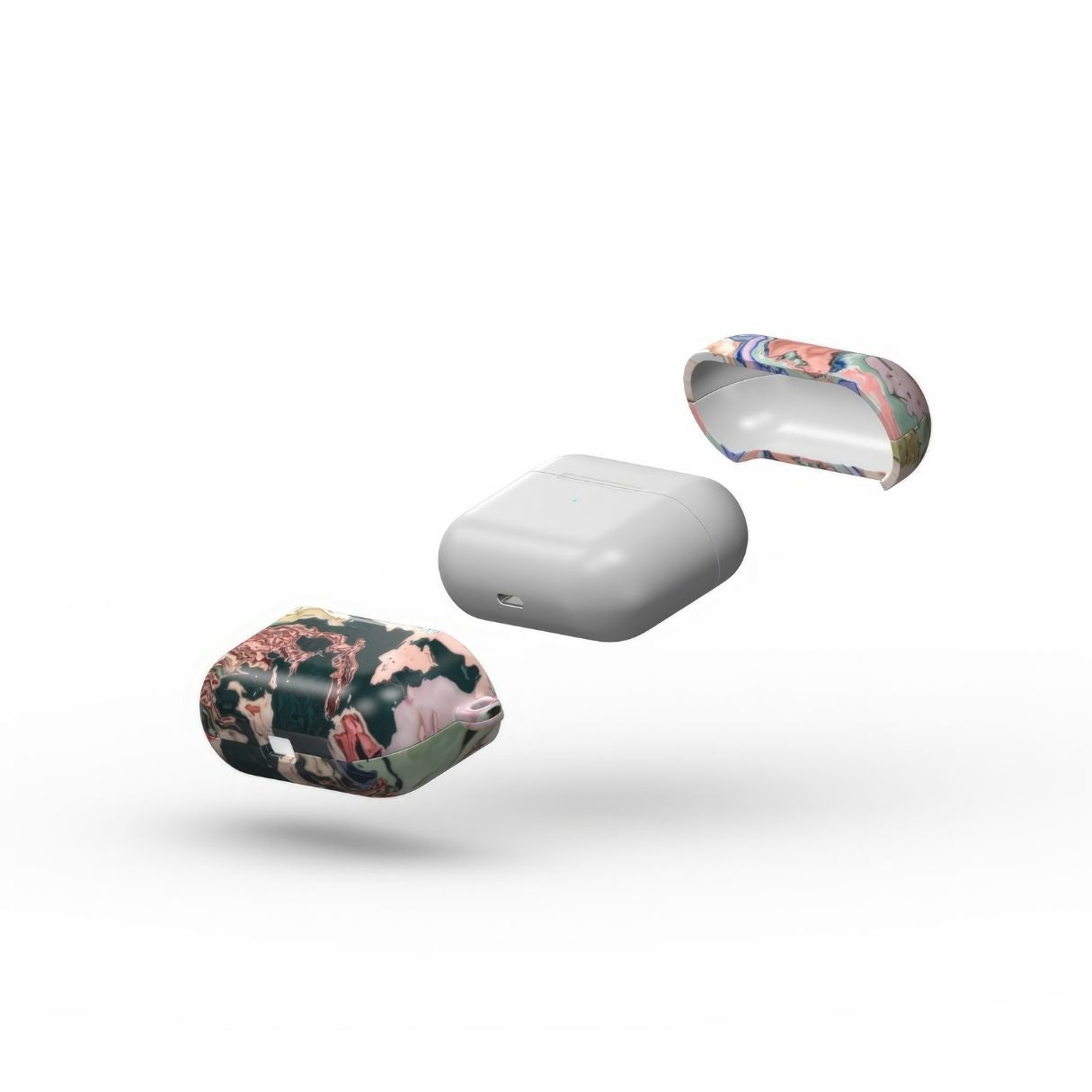 AirPods Pro case with a bold vivid pattern Green Not Grass abstract and artistic style, featuring an elegant and expressive aesthetic design. Main colors are green and pink hues. Extend view.