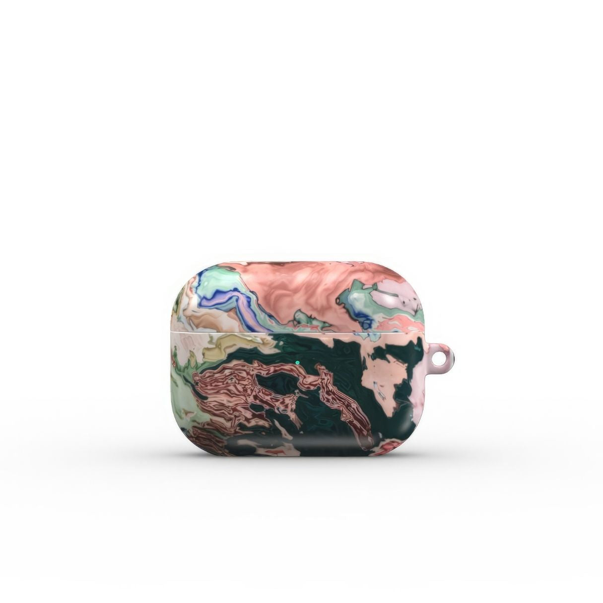 AirPods Pro case with a bold vivid pattern Green Not Grass abstract and artistic style, featuring an elegant and expressive aesthetic design. Main colors are green and pink hues. Front view.
