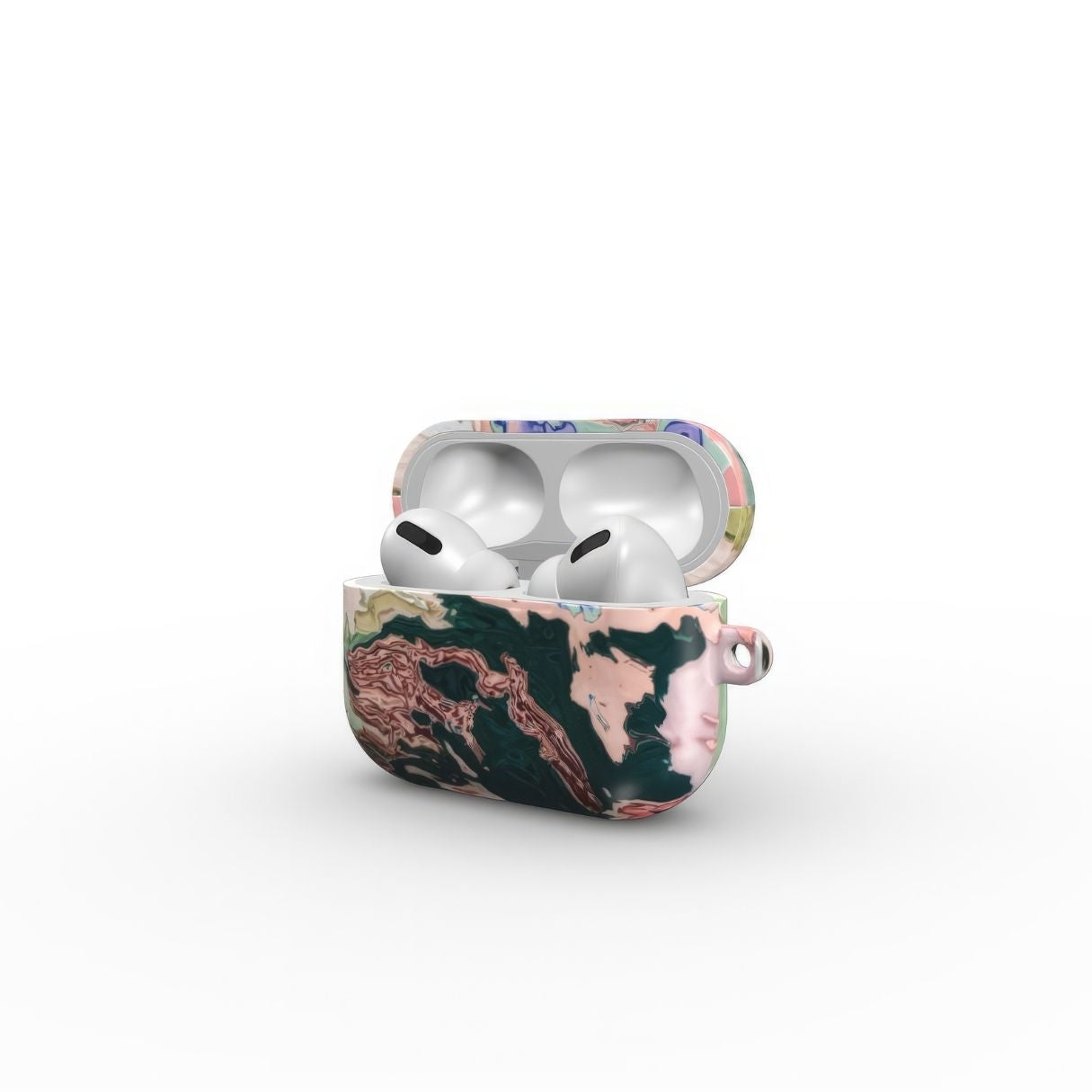 AirPods Pro case with a bold vivid pattern Green Not Grass abstract and artistic style, featuring an elegant and expressive aesthetic design. Main colors are green and pink hues. Side view.