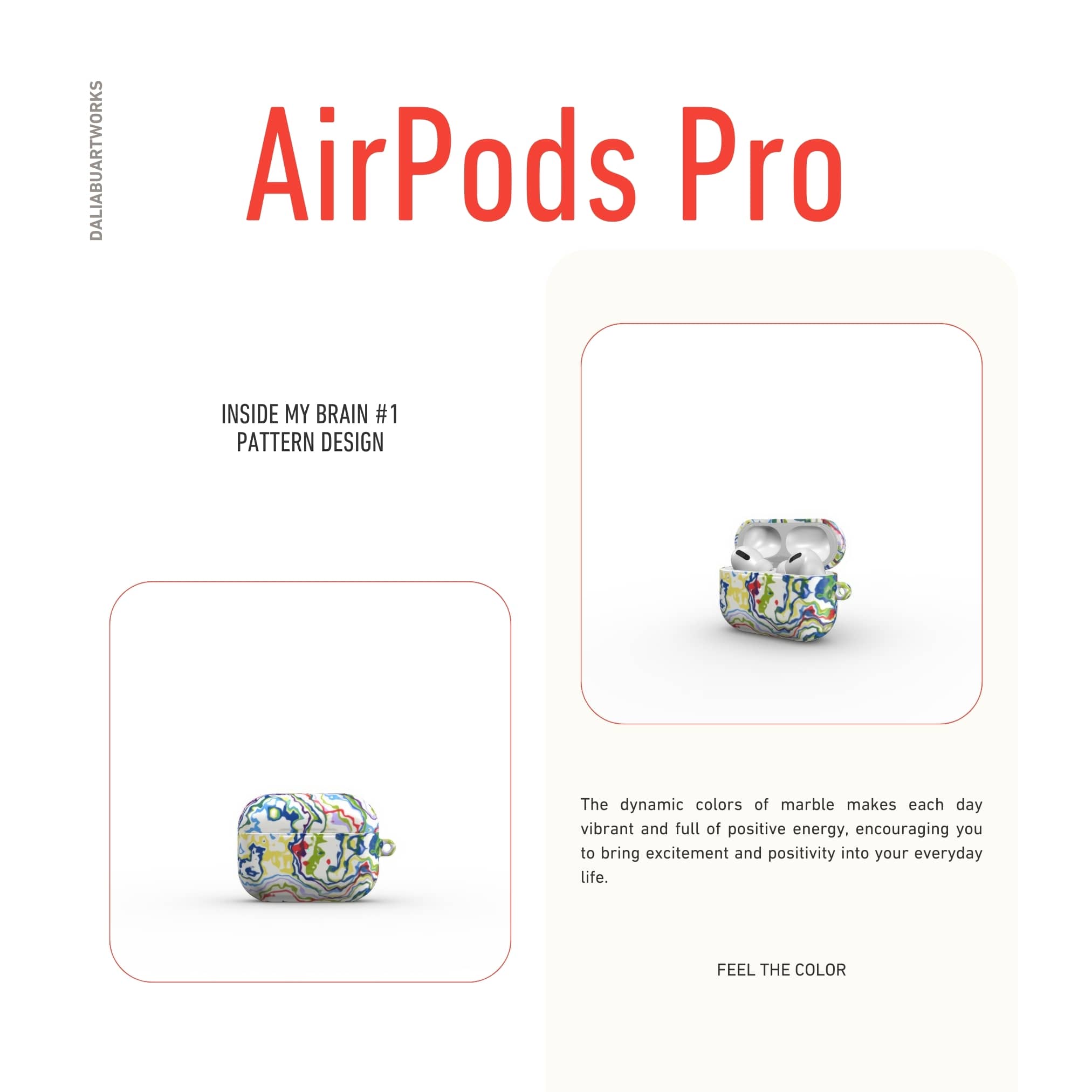 AirPods Pro tough case front view; Inside My Brain 1 pattern, artistic, abstract marble pattern. Mix color combination.