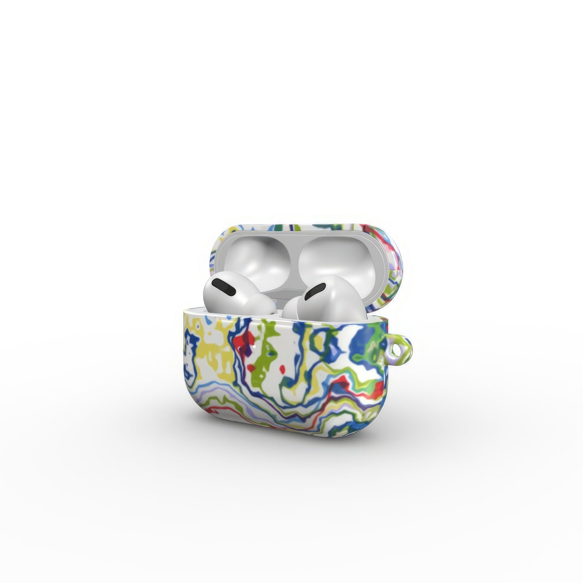 AirPods Pro tough case open side view; Inside My Brain 1 pattern, artistic, abstract marble pattern. Mix color combination.