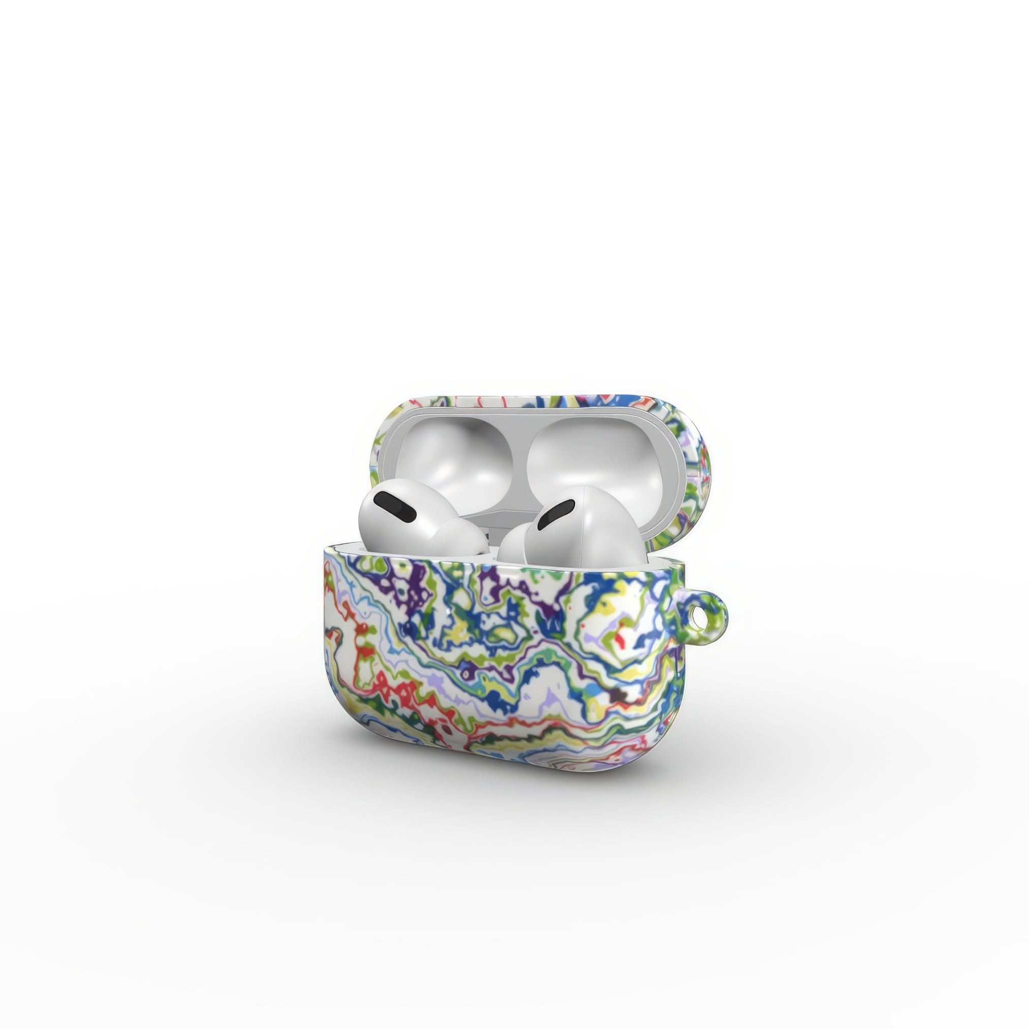 AirPods Pro case open view; Inside My Brain 2 pattern, artistic, abstract marble pattern. Blue, green and red color combination.