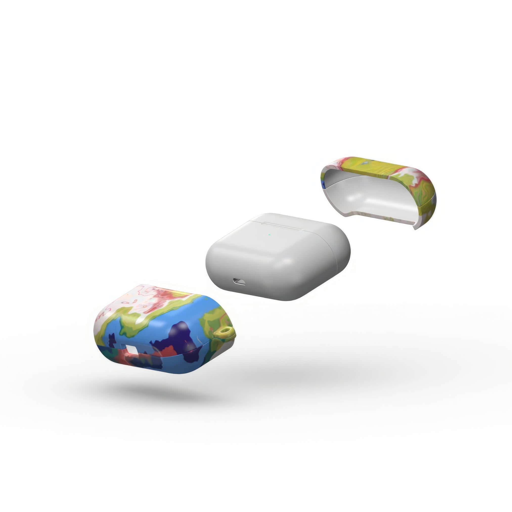 AirPods Pro tough case extend view; Jamaica 1 pattern, artistic, abstract marble pattern. Dark blue, yellow and white color combination.