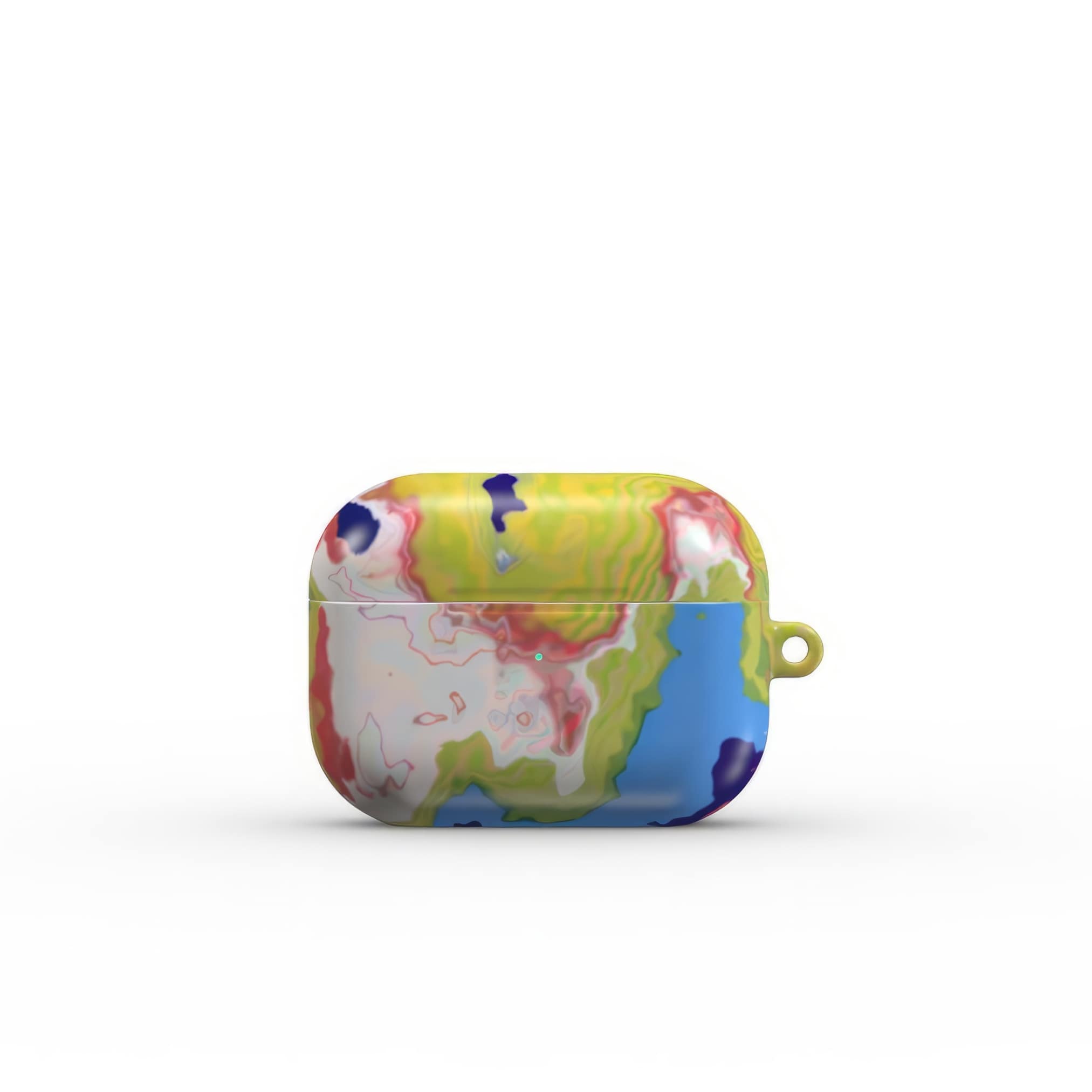 AirPods Pro tough case front view; Jamaica 1 pattern, artistic, abstract marble pattern. Dark blue, yellow and white color combination. Bold expressive aesthetic design. Colorful and interior fit.