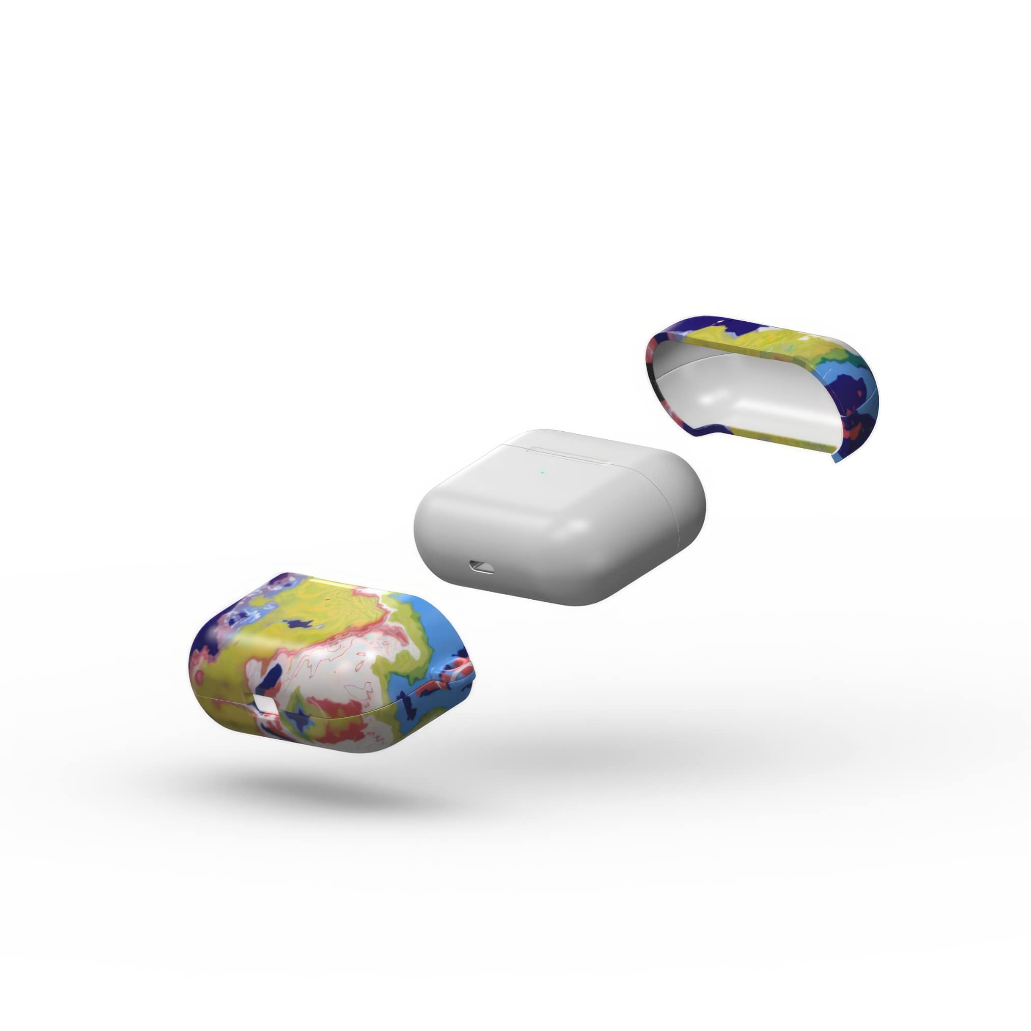 AirPods Pro tough case extend view; Jamaica pattern, artistic, abstract marble pattern. Dark blue, yellow and white color combination. Bold expressive aesthetic design. Colorful and interior fit.