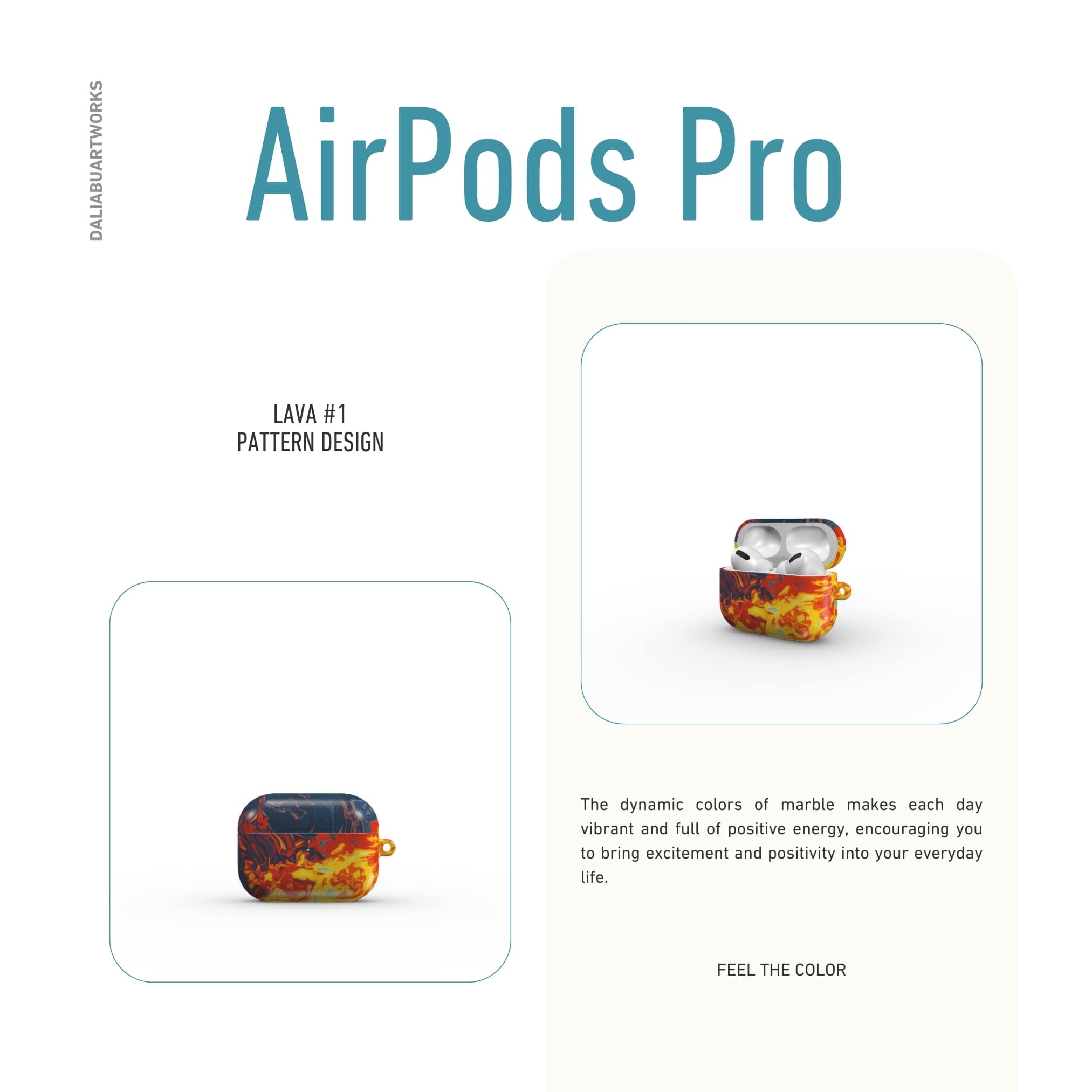 AirPods Pro tough case with a bold vivid pattern in marble abstract and artistic style, featuring an elegant and expressive aesthetic design. Main colors are navy deep blue, rich yellow, red and marine blue. Front view.
