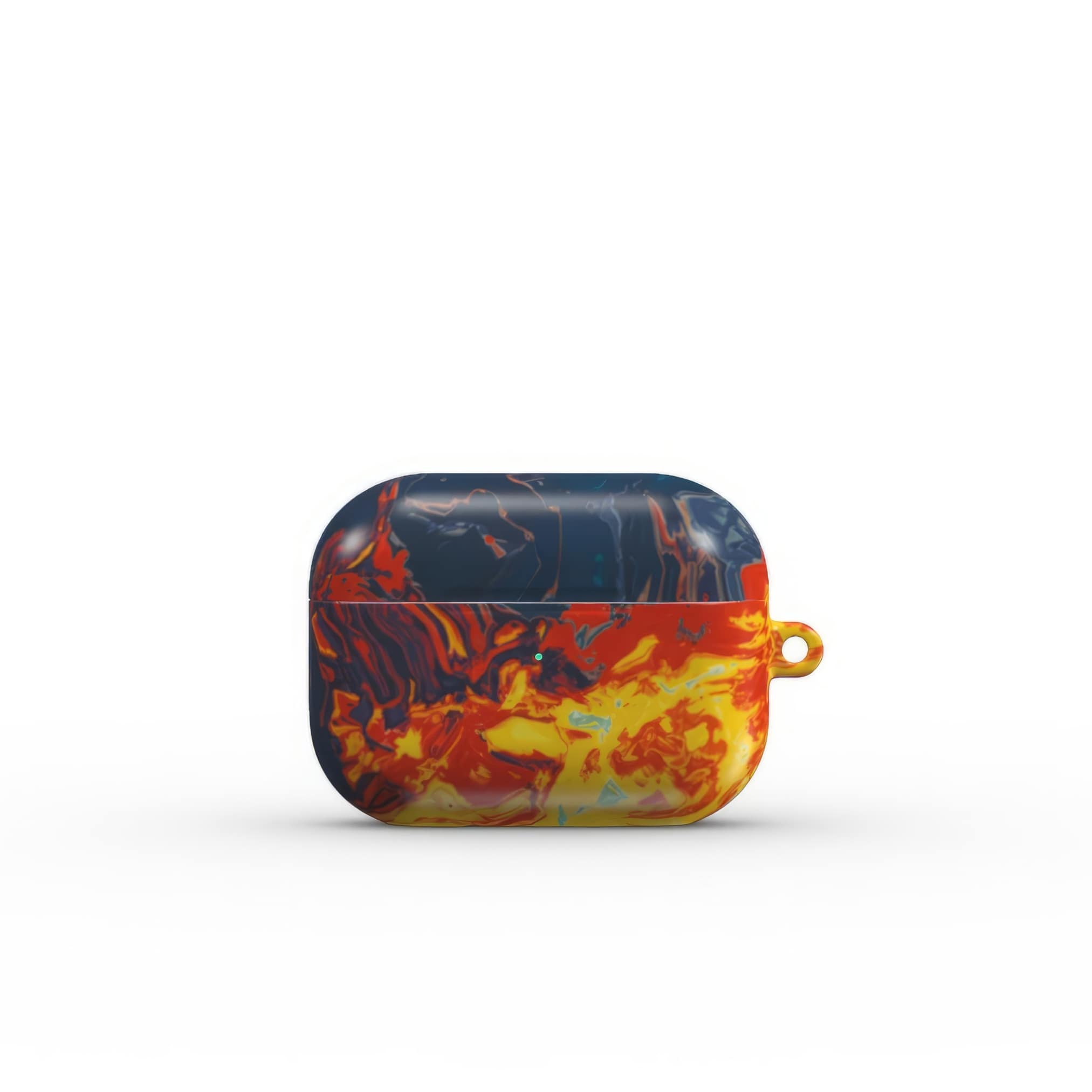 AirPods Pro tough case with a bold vivid pattern in marble abstract and artistic style, featuring an elegant and expressive aesthetic design. Main colors are navy deep blue, rich yellow, red and marine blue. Front closed view.
