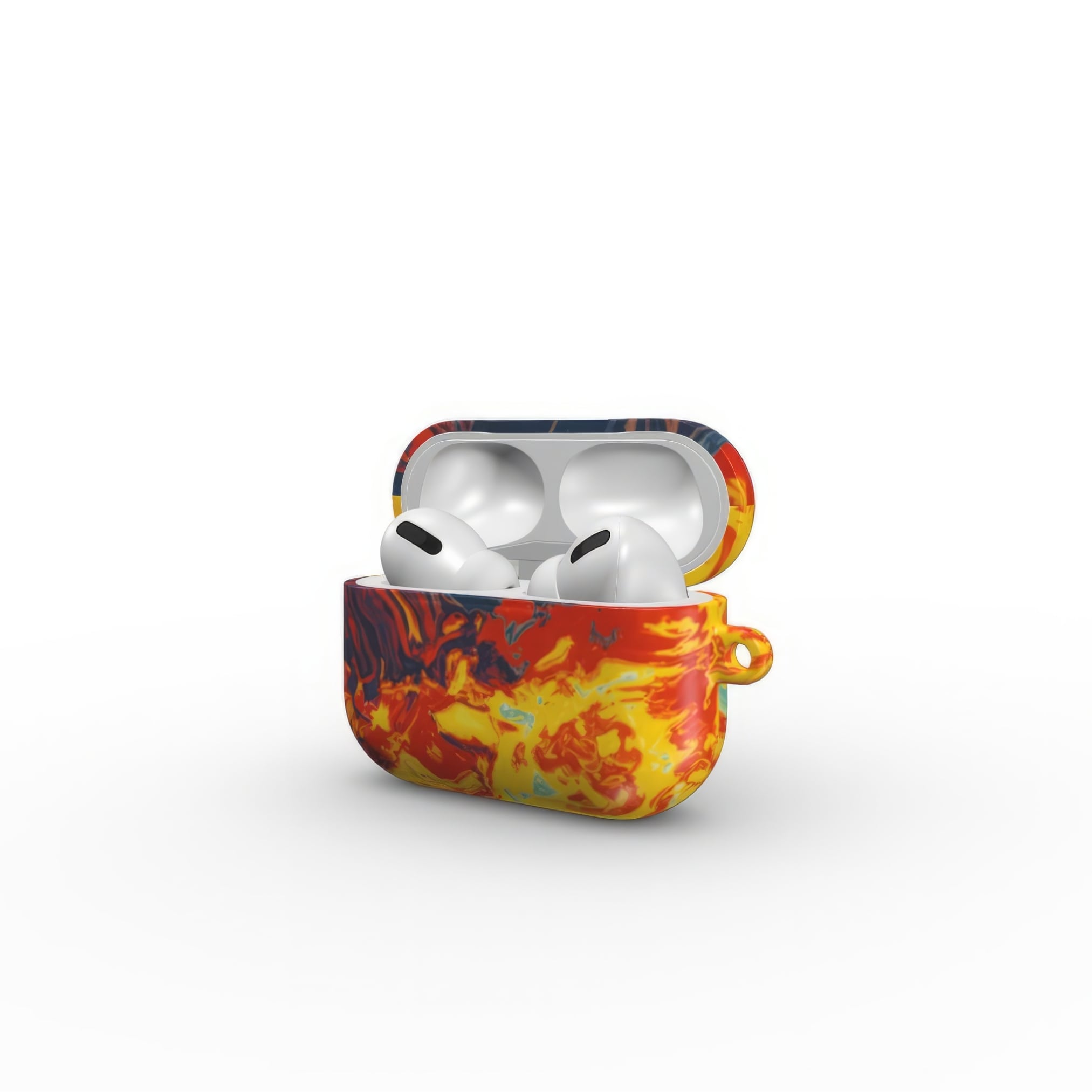 AirPods Pro tough case with a bold vivid pattern in marble abstract and artistic style, featuring an elegant and expressive aesthetic design. Main colors are navy deep blue, rich yellow, red and marine blue. Side open view.