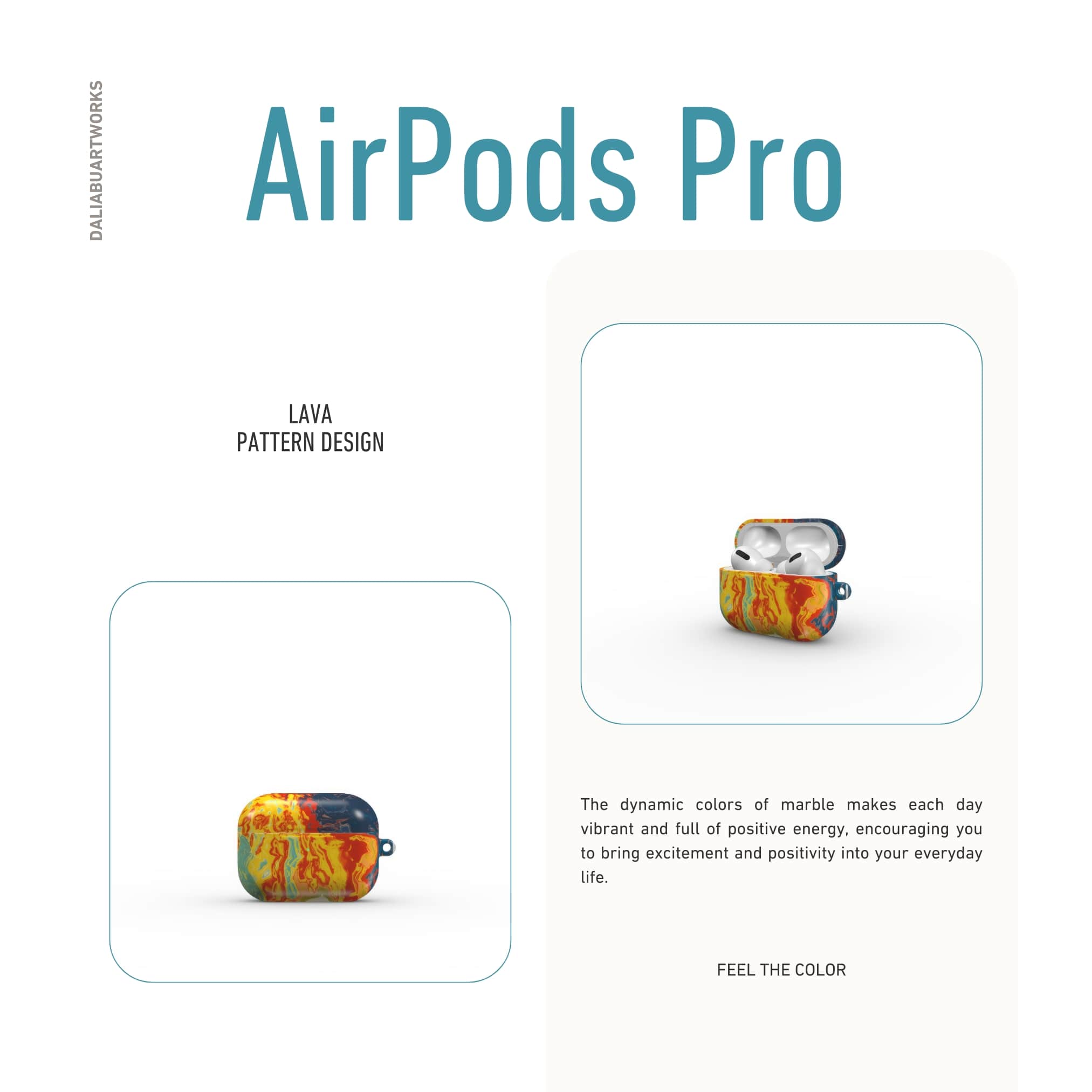 AirPods Pro tough case with a bold vivid pattern in marble abstract and artistic style, featuring an elegant and expressive aesthetic design. Main colors are navy deep blue, rich yellow, red and marine blue. Front view.