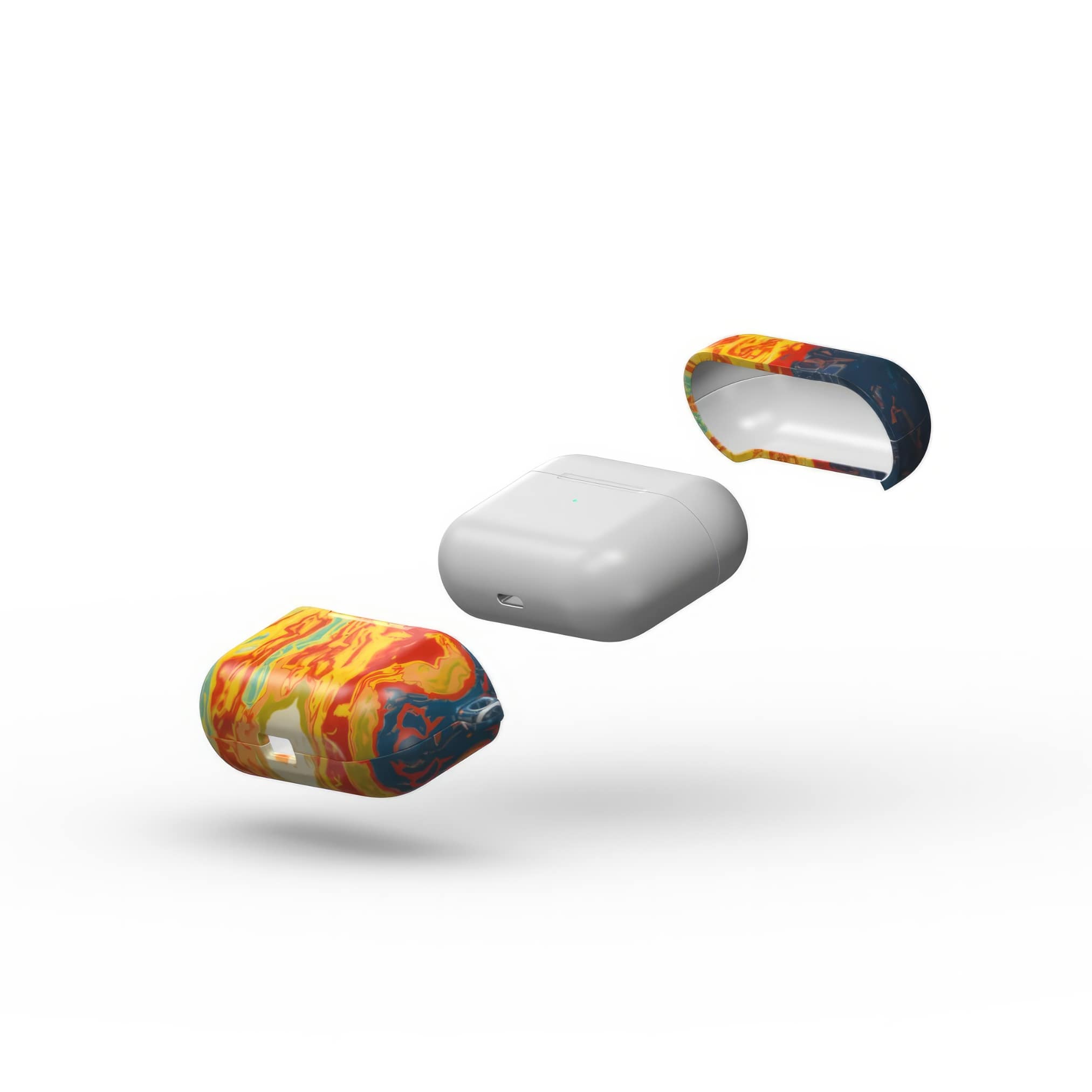 AirPods Pro tough case with a bold vivid pattern in marble abstract and artistic style, featuring an elegant and expressive aesthetic design. Main colors are navy deep blue, rich yellow, red and marine blue. Extend view.